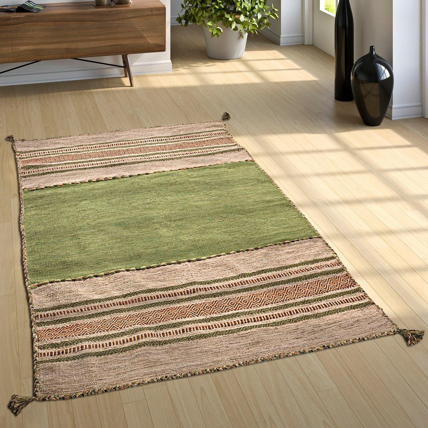 Paco Home Teppich »Kilim 217«, rechteckig, 12 mm Höhe, handgewebter Wendeteppich, reine Baumwolle, gestreift, Wohnzimmer