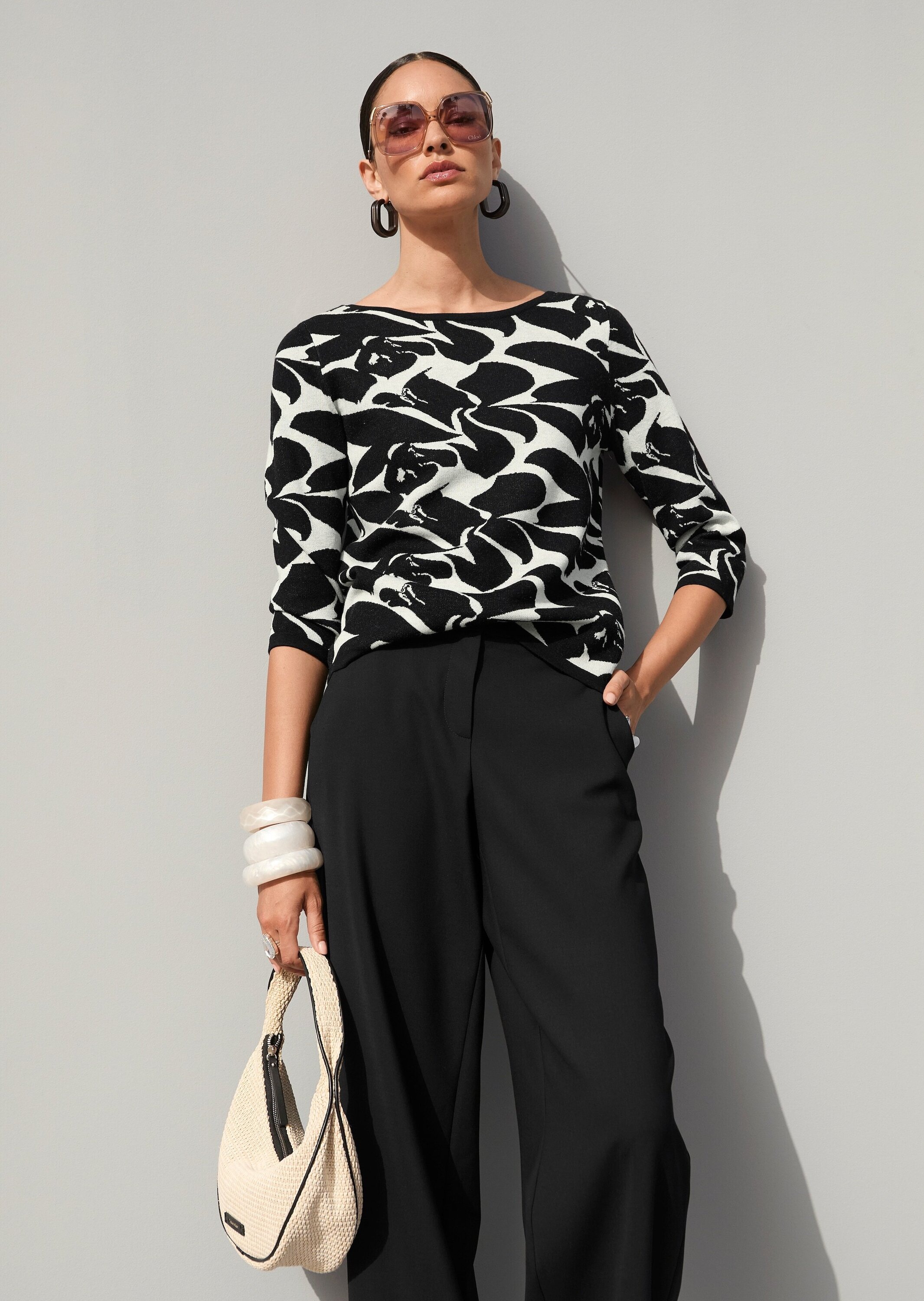 Madeleine Fine Knit Jacquard Long Pullover Black/White Size 44/46 3