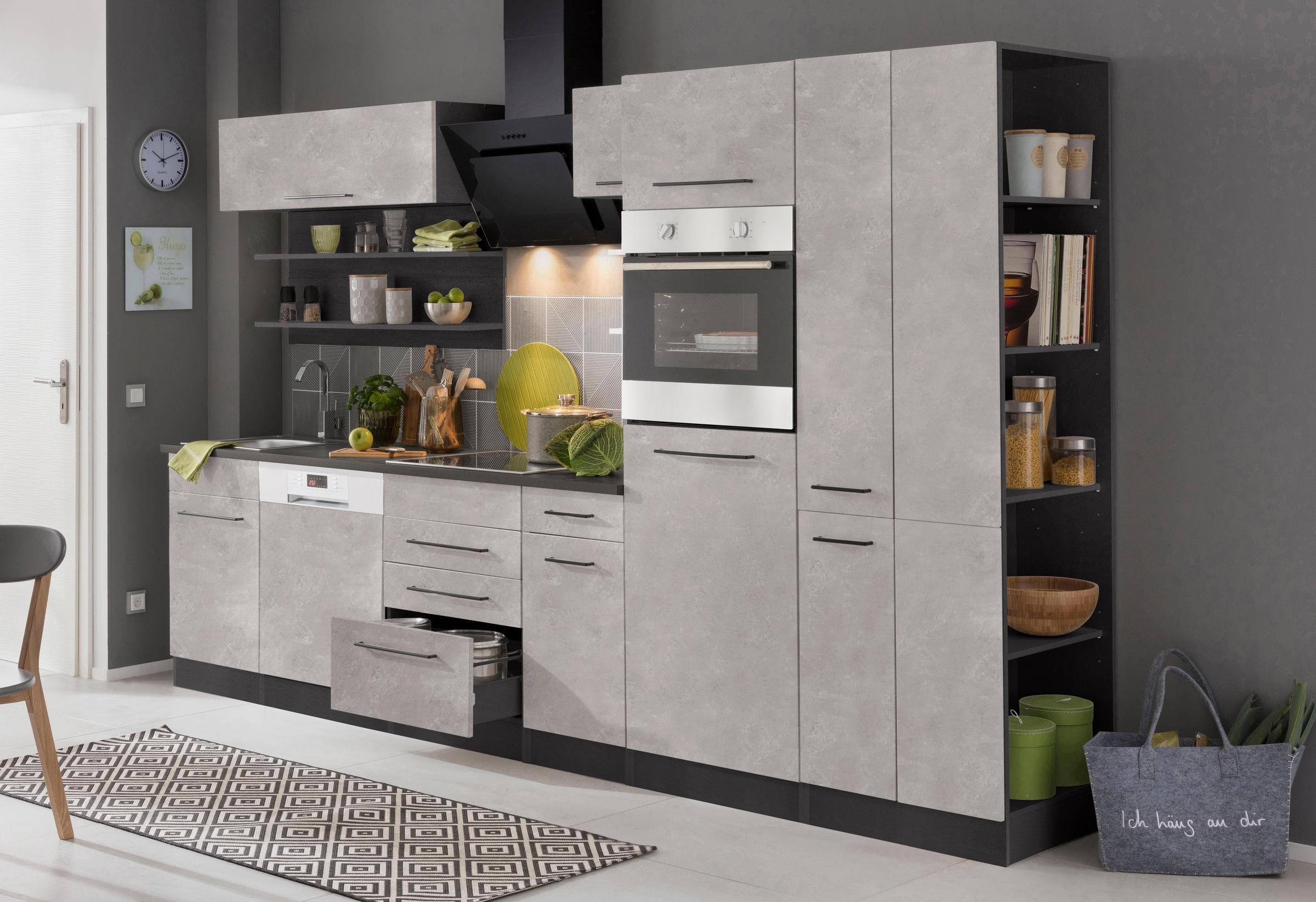 KOCHSTATION Küchenzeile »KS-Tulsa«, mit E-Geräten, Breite 300 cm, schwarze Metallgriffe, MDF Fronten