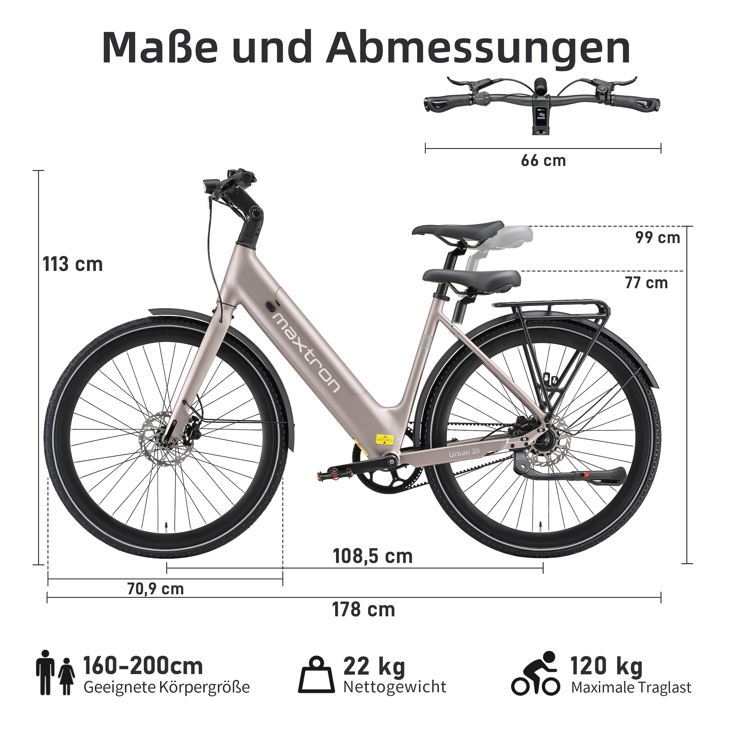 Maxtron »Maxtron Urban 20 City-E-Bike 28 Zoll« Heckmotor 250 W (mit integr. Akku), Elektrofahrrad für Alltag und Einkauf
