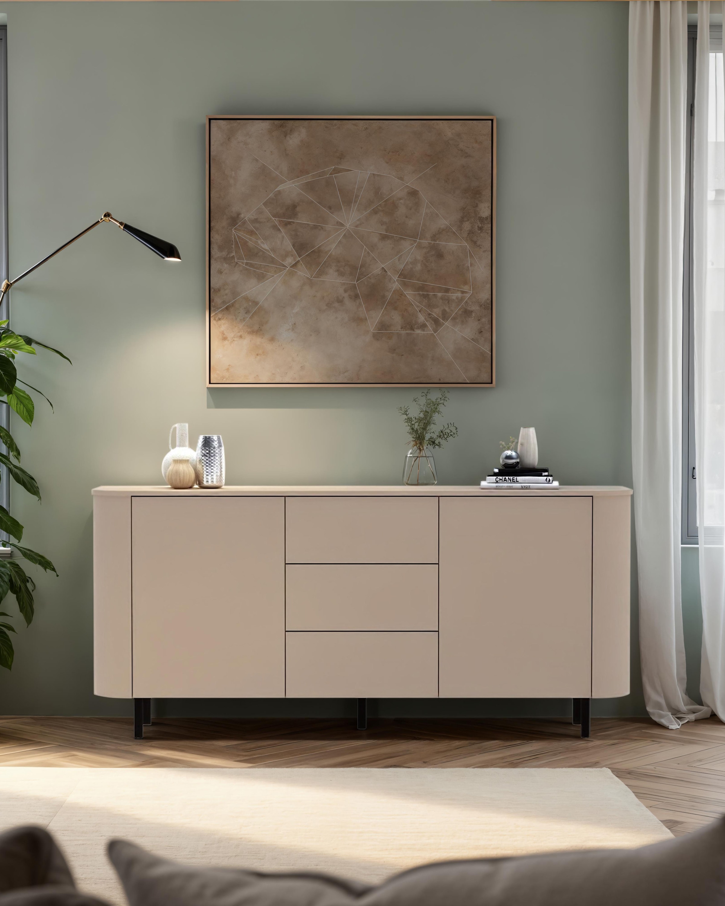 INOSIGN Sideboard »Lido, 181 cm breit, 2 Türen, 3 Schubkästen, Kommode, Stauraumschrank« Formgebogenes MDF, Stirnseiten mit Rundung, Push-to-open, Metallfüße