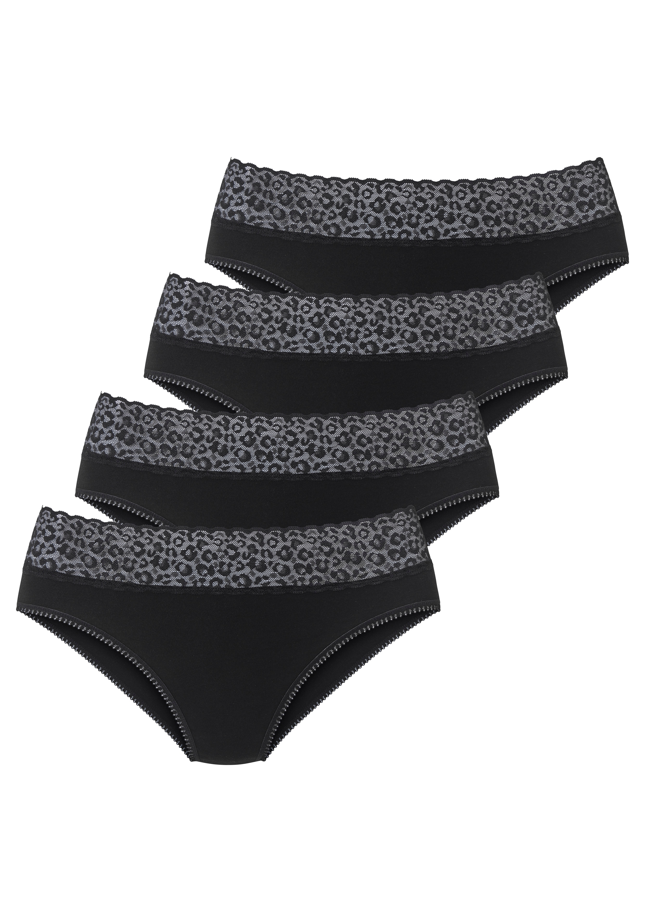 LASCANA Jazz-Pants Slips 4er Pack, aus elastischer Baumwolle mit Leo-Spitze am Bund