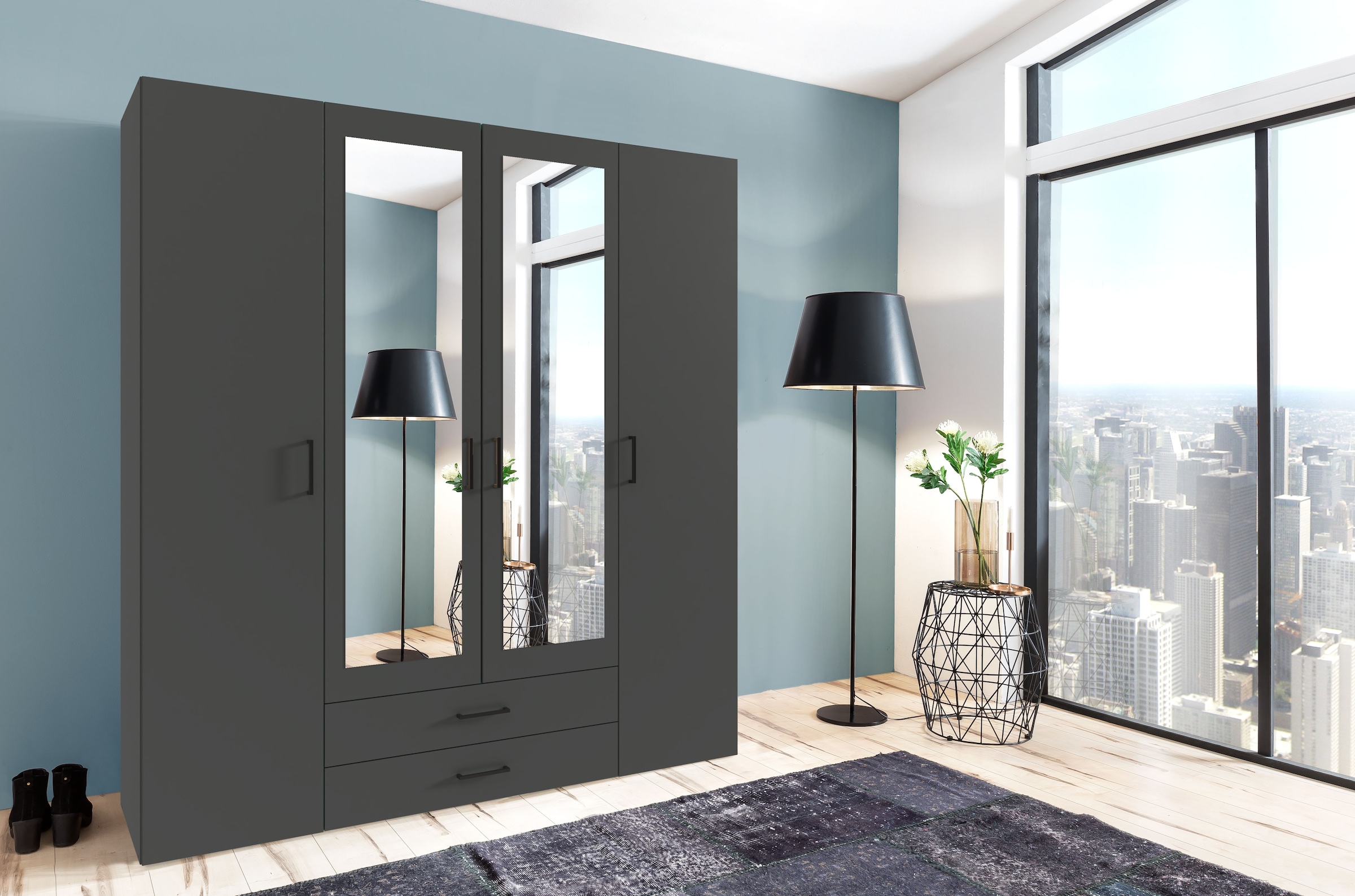Wimex Drehtürenschrank »Mugano, 135 oder 180cm breit, 208 oder 236cm hoch, Made in Germany«, (mit langen Griffstangen aus Metall), wahlweise mit oder ohne Spiegel, mit Schubladen