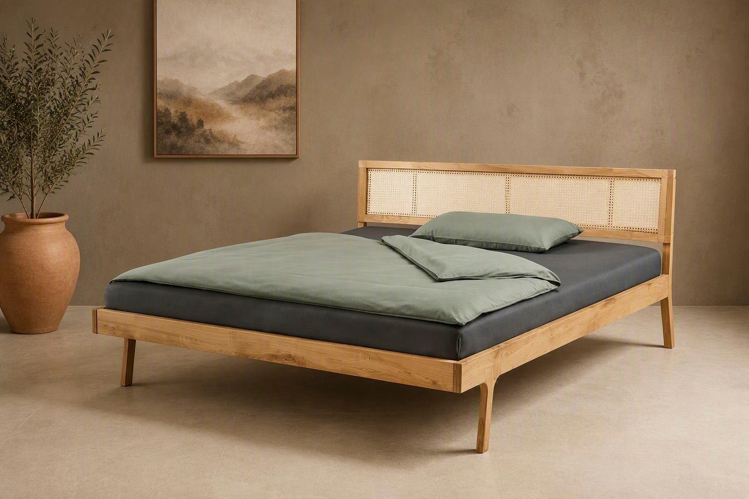 OTTO home Massivholzbett "Hällevik, Kopfteil höhenverstellbar, Eiche massiv, mit Wiener Geflecht" skandinavischer Stil, Made in EU, FSC-zertifiziert, sehr stabil