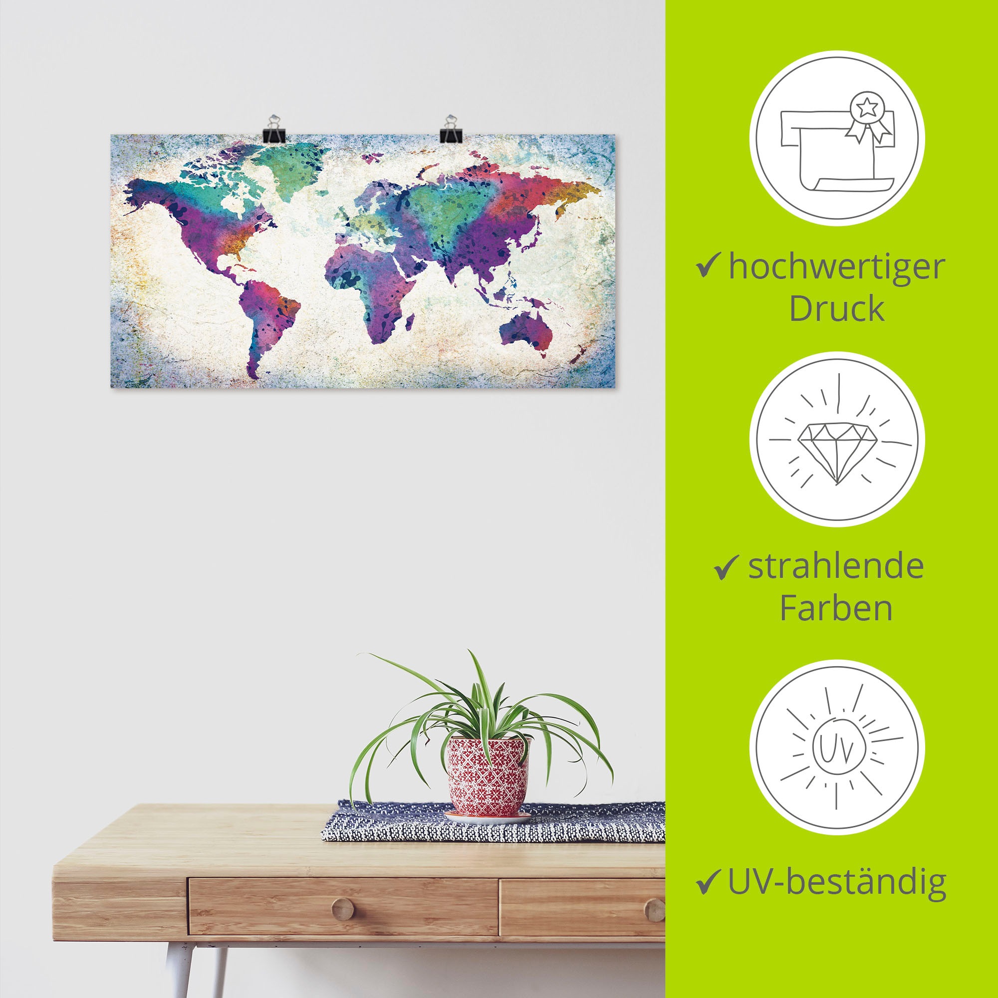 Artland Wandbild »bunte Weltkarte«, Land- & Weltkarten, (1 St.), als Alubild, Outdoorbild, Leinwandbild, Poster, Wandaufkleber