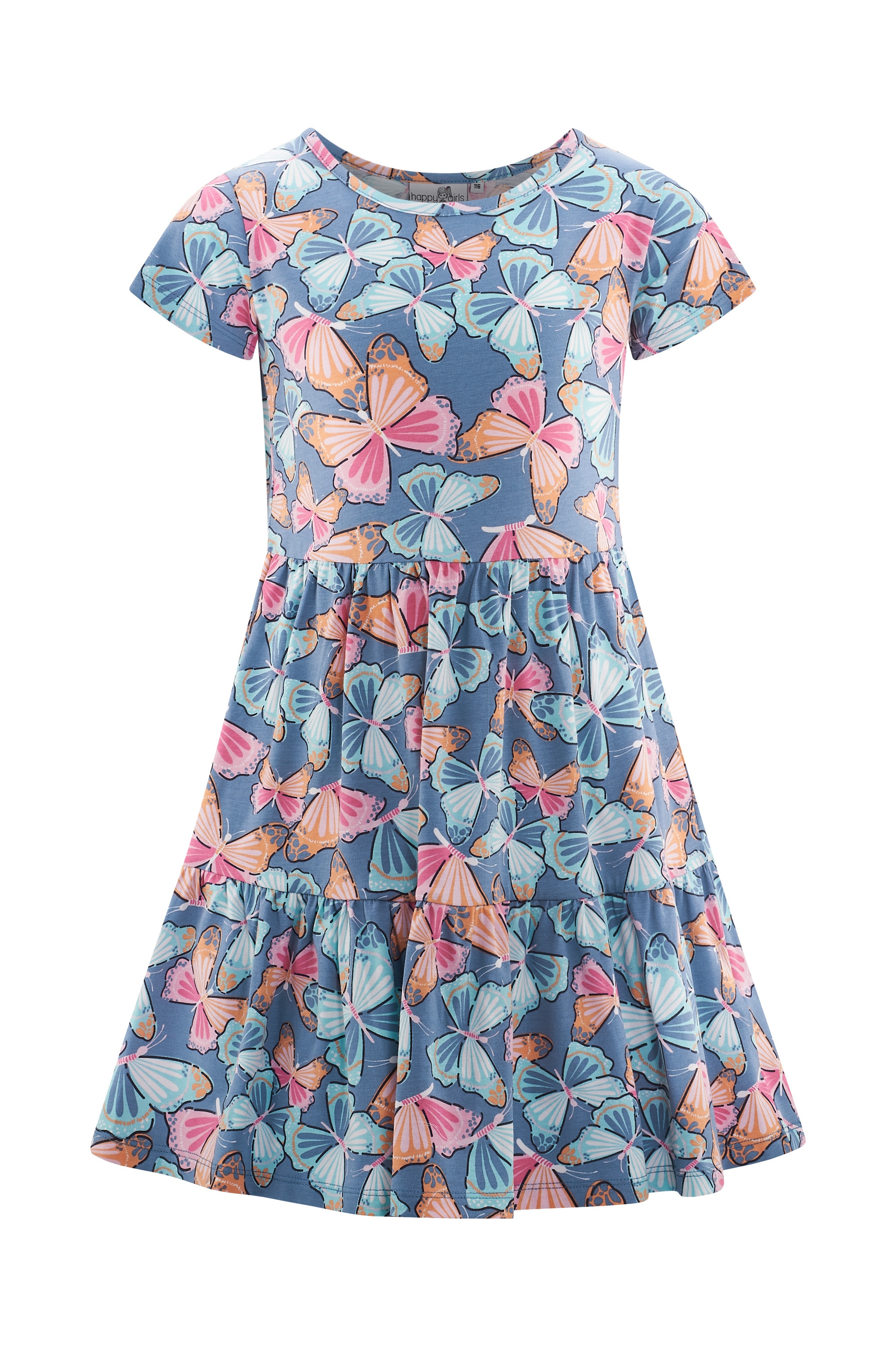 Sommerkleid HAPPY GIRLS, Mädchen, Gr. 128, N-Gr, dove blau, Jersey, Obermaterial: 95% Baumwolle, 5% Elasthan, bedruckt, Basic kniebedeckend, Rundhals, Kleider Sommerkleid