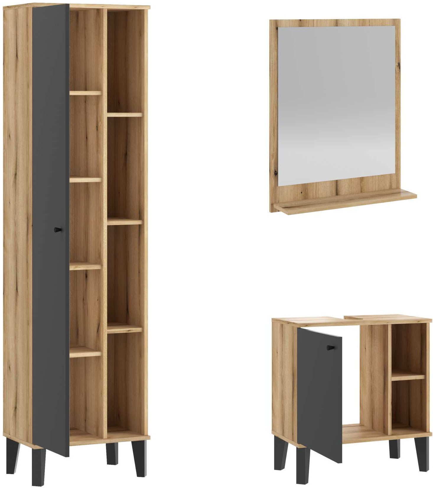 INOSIGN Badmöbel-Set »OSLO, Bad im skandinavischen Design«, (Set, 3 St.), Badschränke und Spiegel, in zwei Farben verfügbar, viel Stauraum