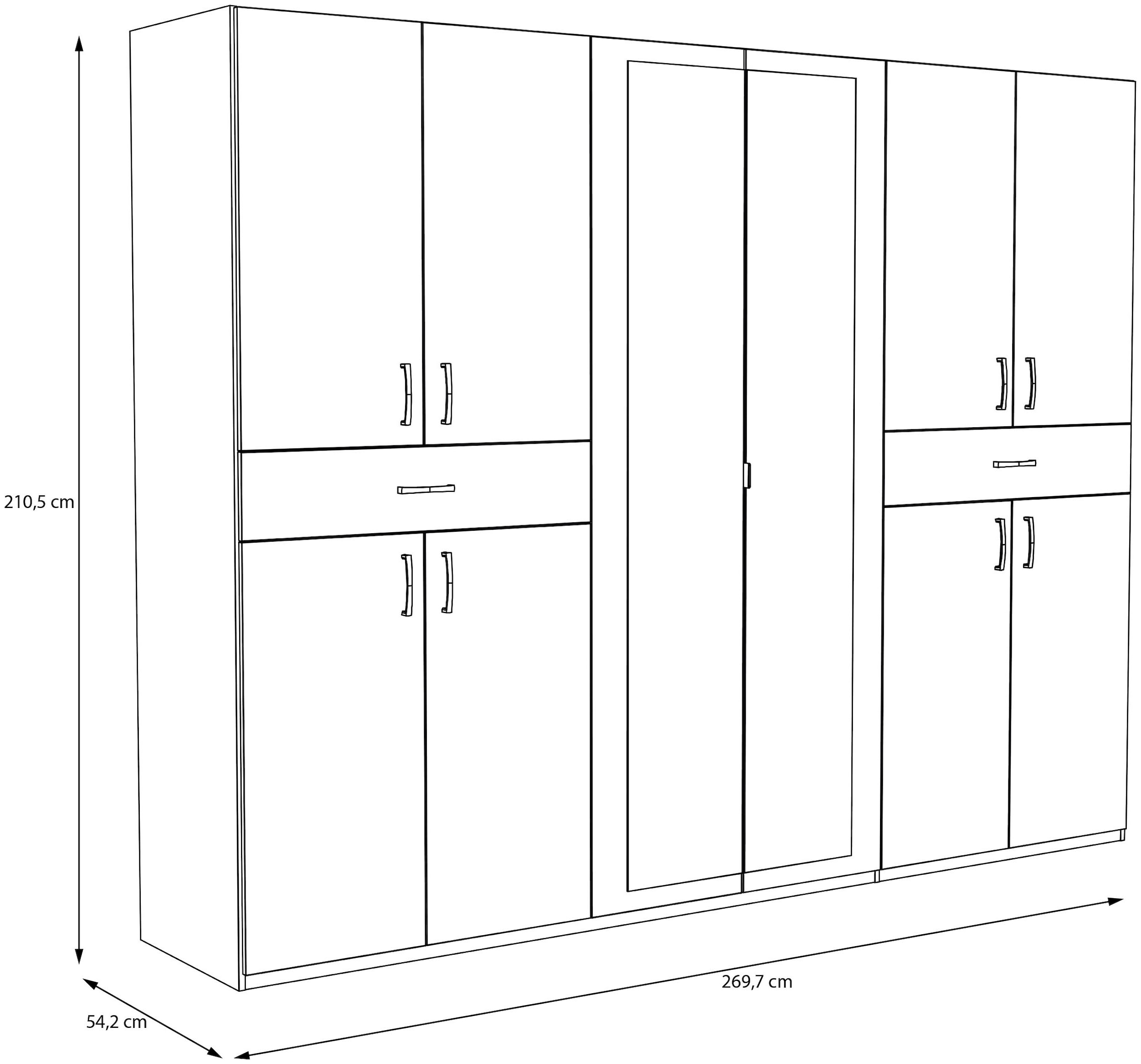 FORTE Kleiderschrank »viel Stauraum, Spiegeltüren, stehende Montage« B/H/T269,7/210,5/54 cm, Spiegeltüren, Schubkästen