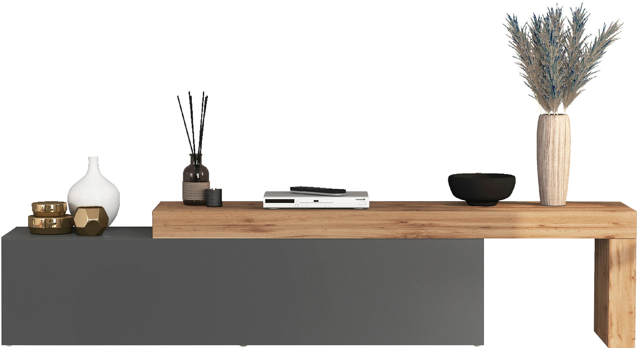 OTTO home Lowboard "Lowboard Chronos TV-Board, TV-Schrank" Spar-Set, Breite verstellbar von 190 bis 350 cm, 1 Stk. tlg. Breite 270 cm TV-Board,Lowboard,1 Klappe und ein L-Förmiger Aufsatz