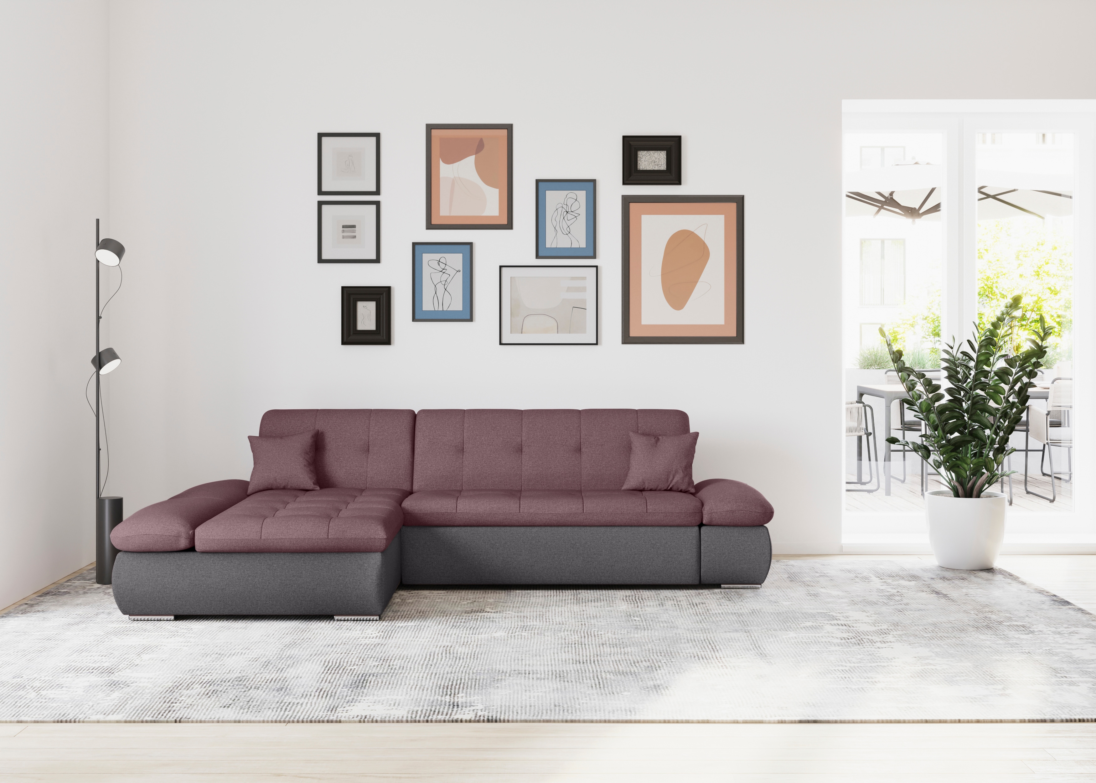 DOMO collection Ecksofa "MORIC 300x172 cm, XXL-Sofa mit viel Platz, L-Form, auch in Cord" wahlweise mit Bettfunktion und Armteilverstellung, grau-beere