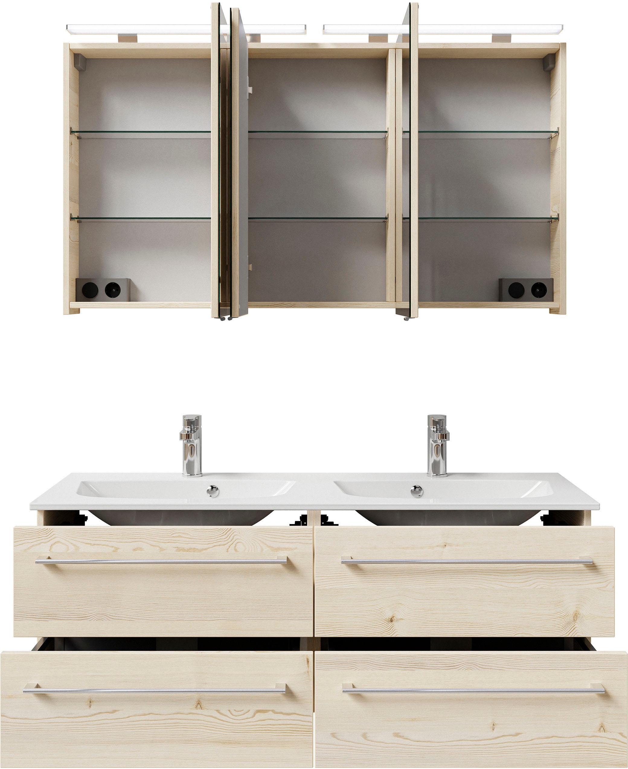 Saphir Badmöbel-Set »Serie 6025 2-teilig Mineralmarmor-Waschtisch mit LED-Spiegelschrank«, (2 St.), Waschplatz 132cm breit, 4 Schubladen, 2 Spiegel-Türen, inkl Türdämpfer