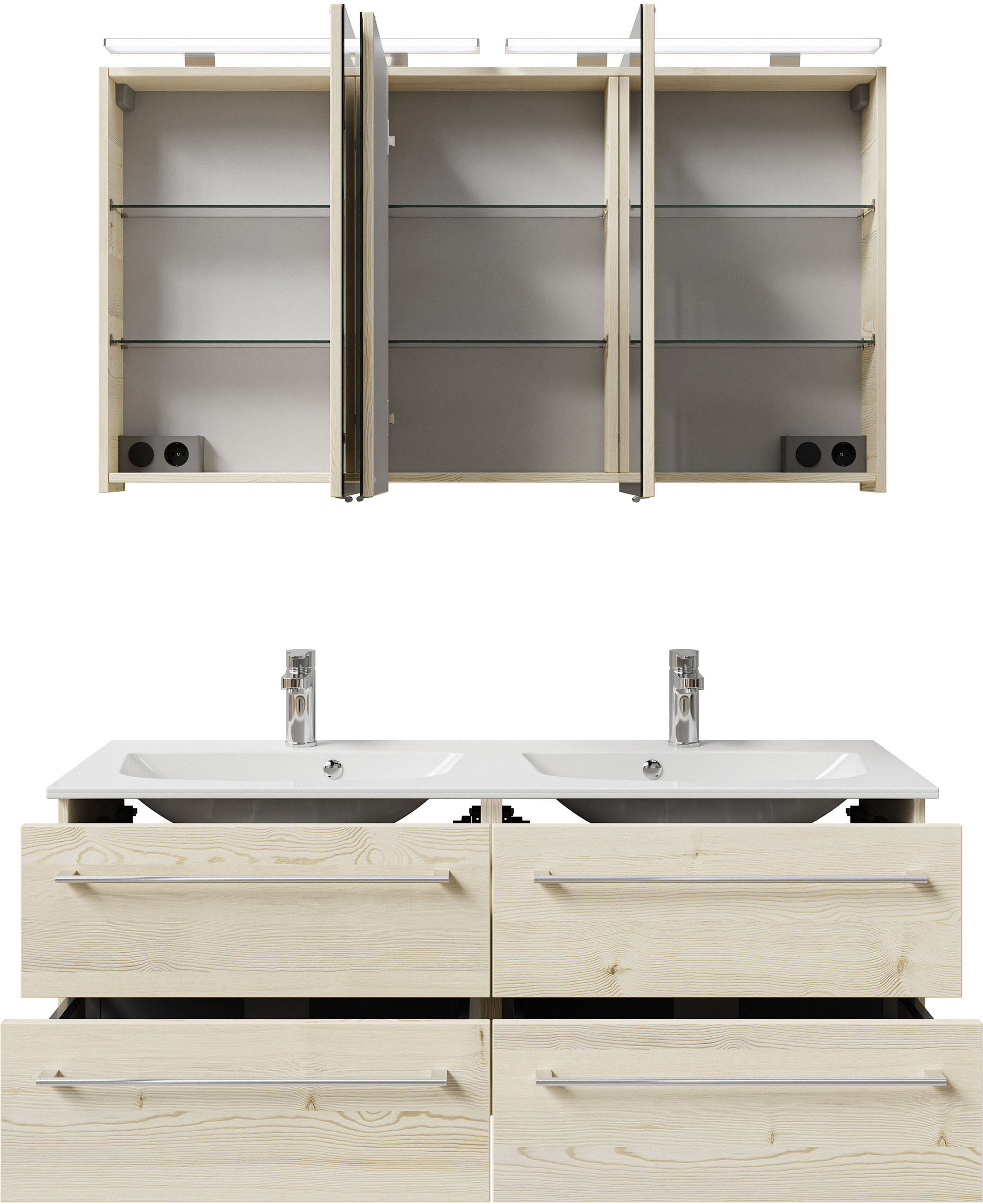 Thumbnail - Saphir Badmöbel-Set "Serie 6025 2-teilig Mineralmarmor-Waschtisch mit LED-Spiegelschrank", (2 St.), Waschplatz 132cm bre...