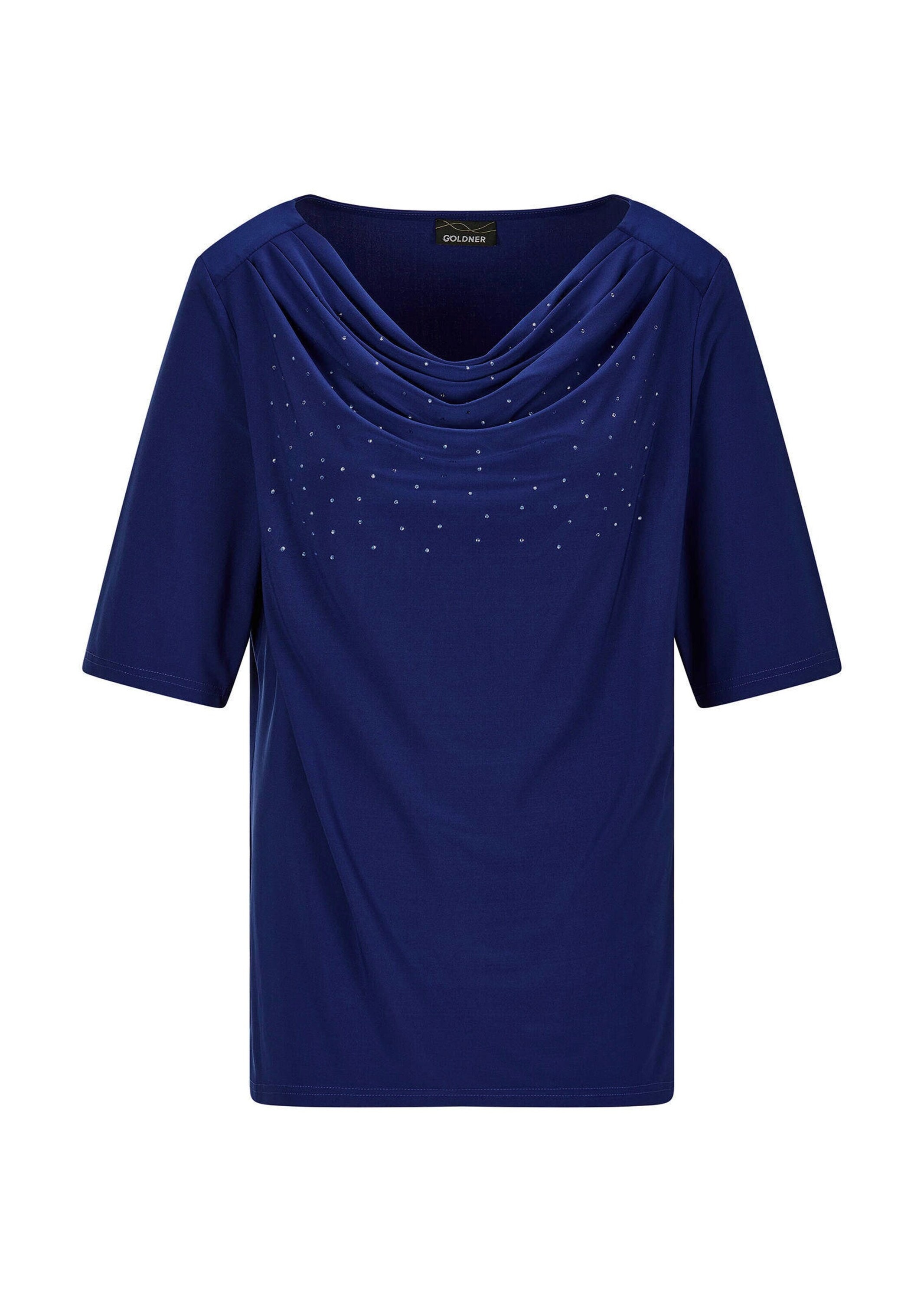 GOLDNER Kurzarmshirt "Jerseyshirt mit Glitzersteinen" Ton in Ton Hotfix am Wasserfallausschnitt