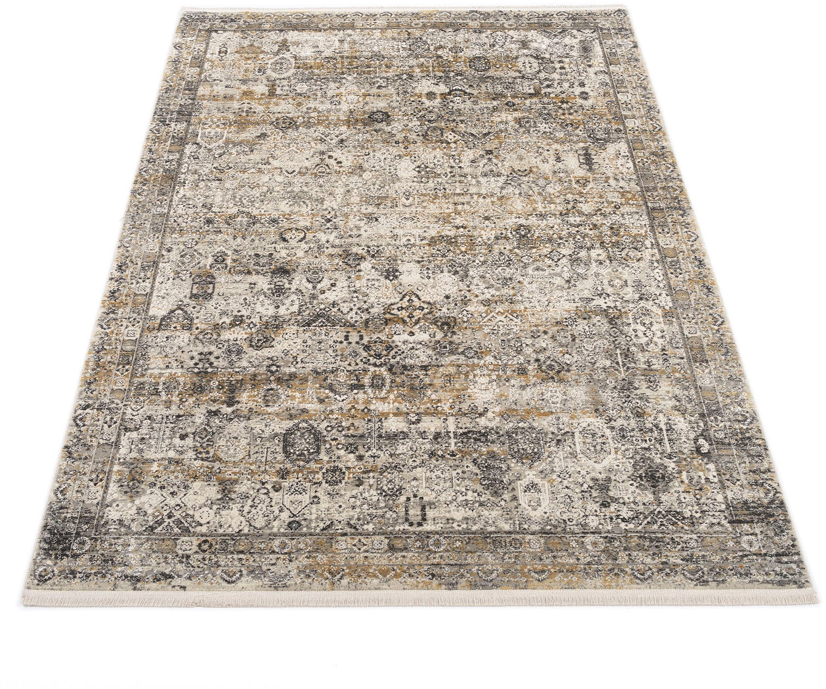 Teppich OCI DIE TEPPICHMARKE "BESTSELLER TADI", grau (goldfarben, grau), B:160cm H:8mm L:230cm, Viskose, Teppiche, Teppich, Glanz Viskose, mit Fransen, Hoch Tief Struktur, Vintage, Wohnzimmer