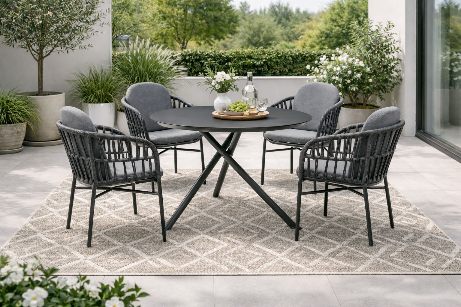 Destiny Garten-Essgruppe "COMO BARLETTA 4 Se + Tisch Ø110cm grau/anthrazit" Set, Aluminium, Rope, HPL