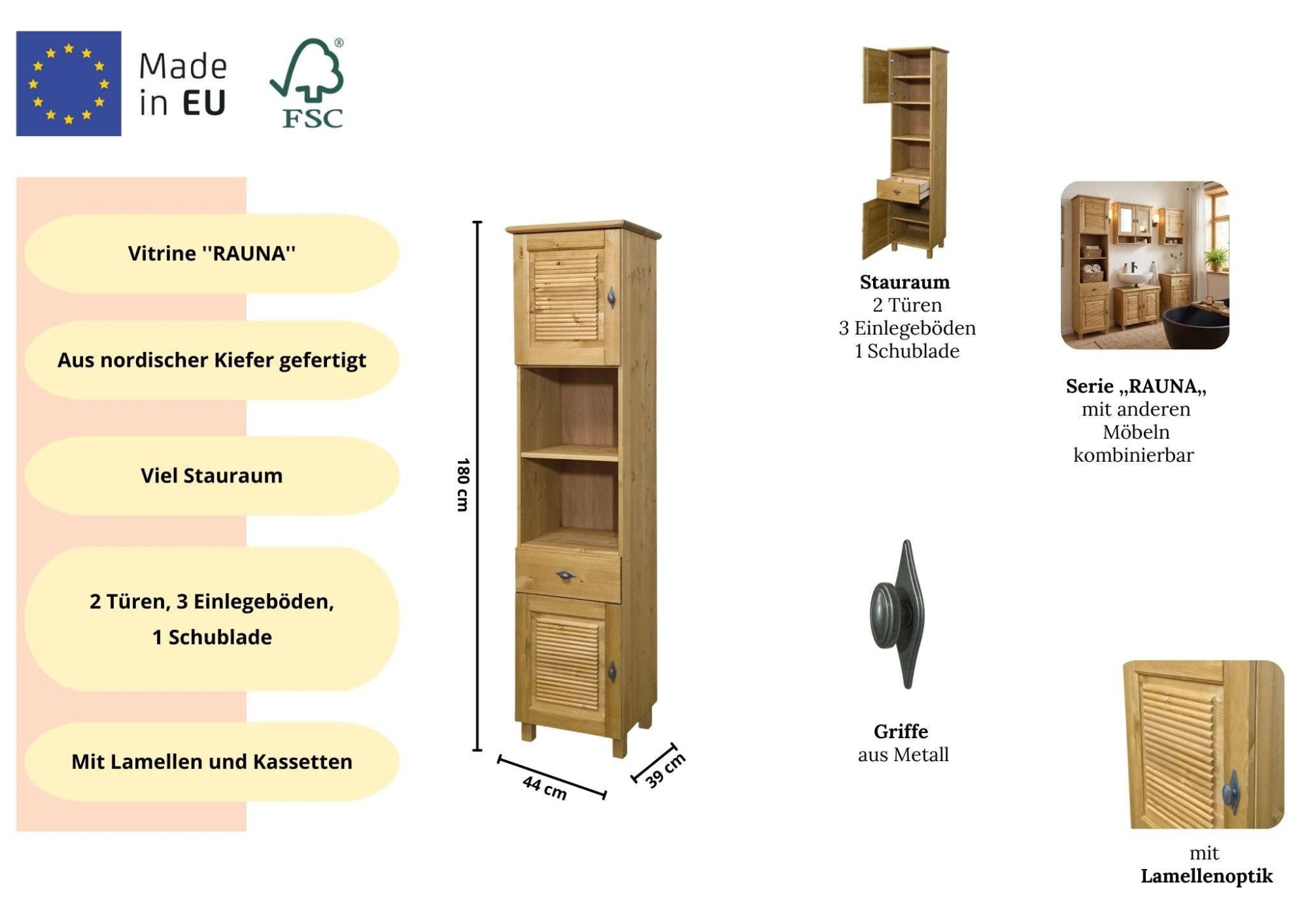 Home affaire Hochschrank »Rauna« aus massiver Kiefer, Breite 44 cm, Rillenoptik, made in EU