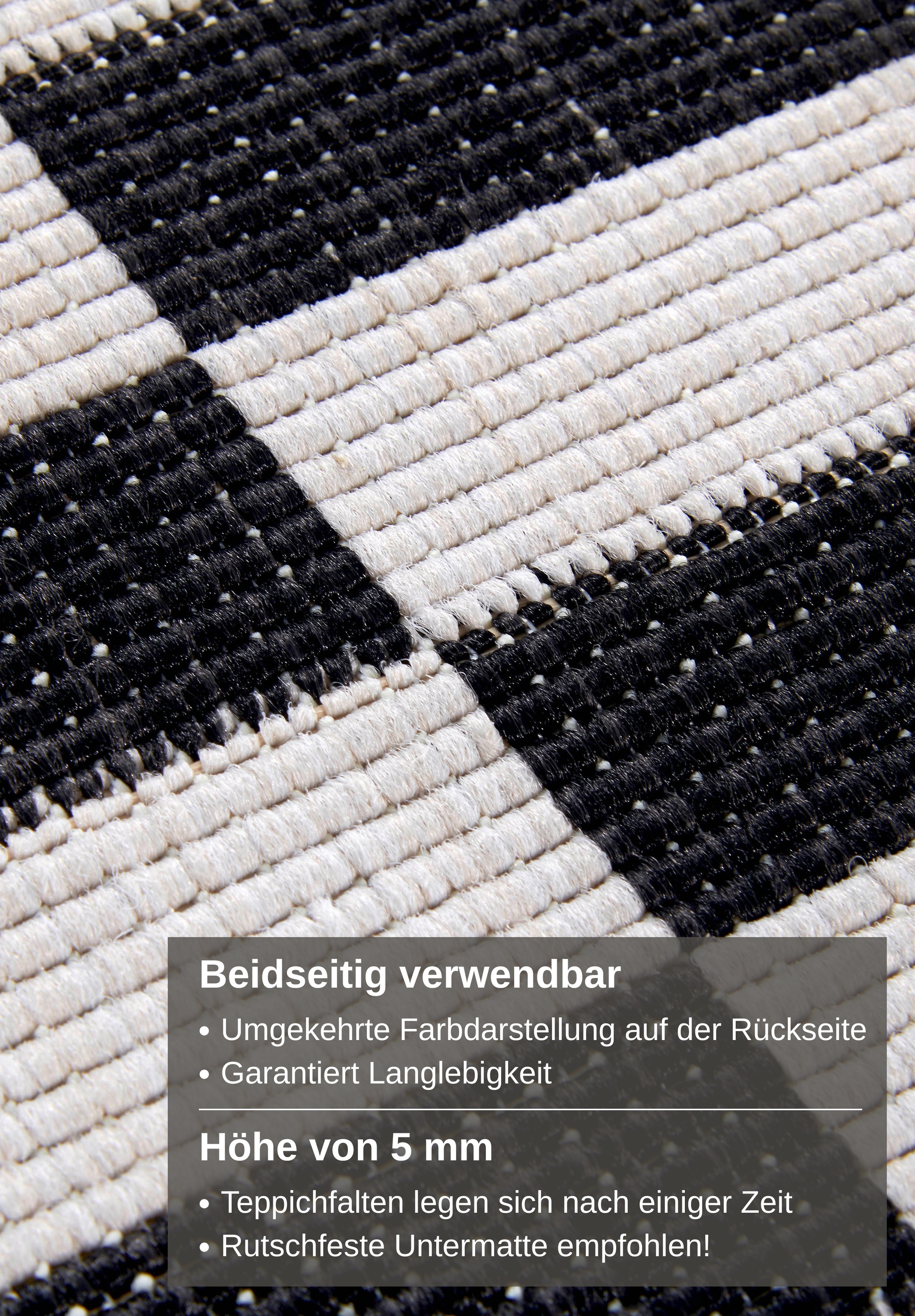 Teppich MY HOME "Viela Outdoor Wendeteppich, auch als Läufer erhältlich", schwarz-weiß (schwarz, weiß), B:120cm H:5mm L:170cm, Polypropylen, Teppiche, Teppich, schwarz weiß, Flachgewebe, Balkon, Wohnzimmer, In-Outdoor, wasserfest 3