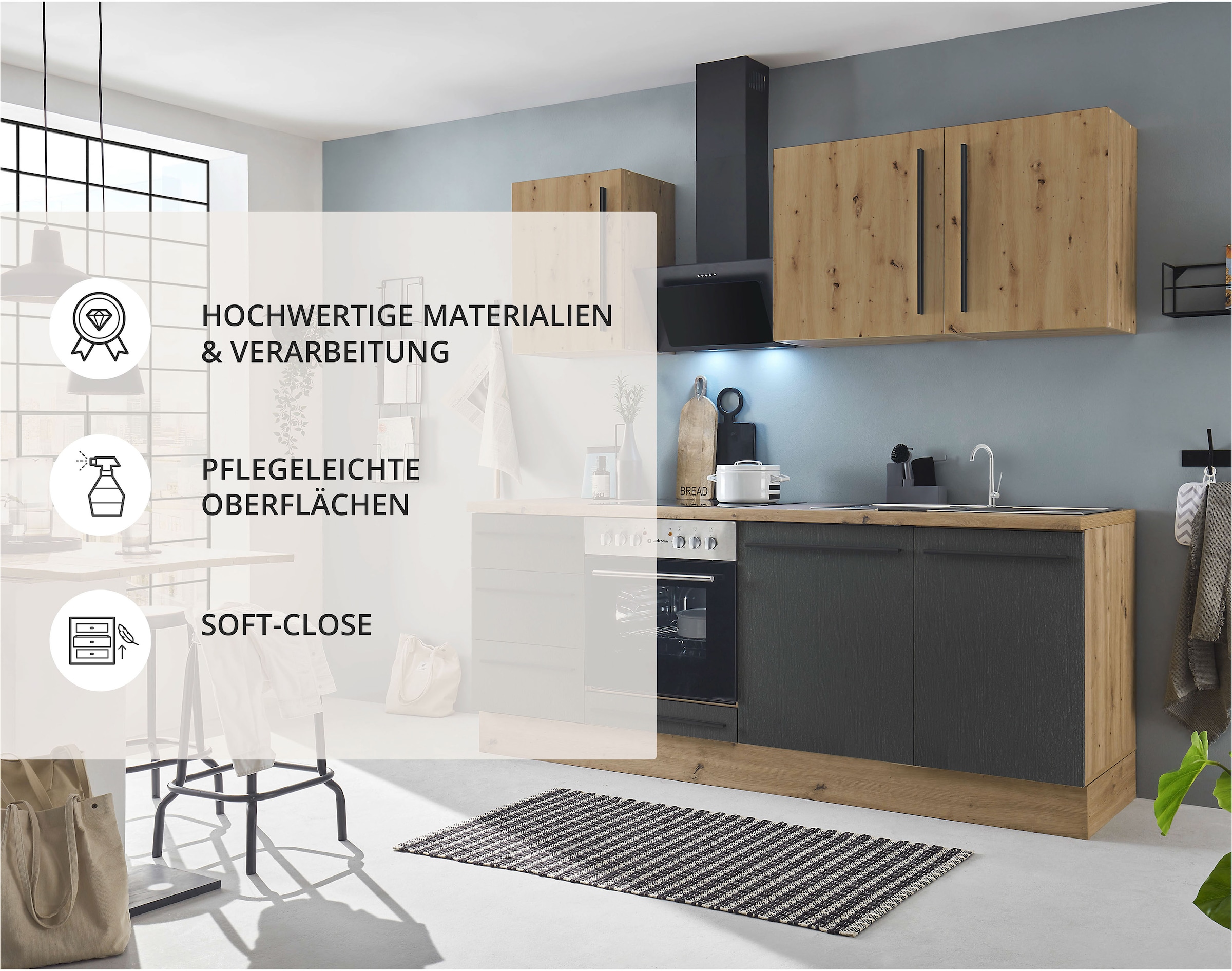 KOCHSTATION Küchenzeile »KS-Florida mit 38mm starker Arbeitsplatte«, Breite 220 cm, wahlweise mit E-Geräten, Soft-Close-Funktion
