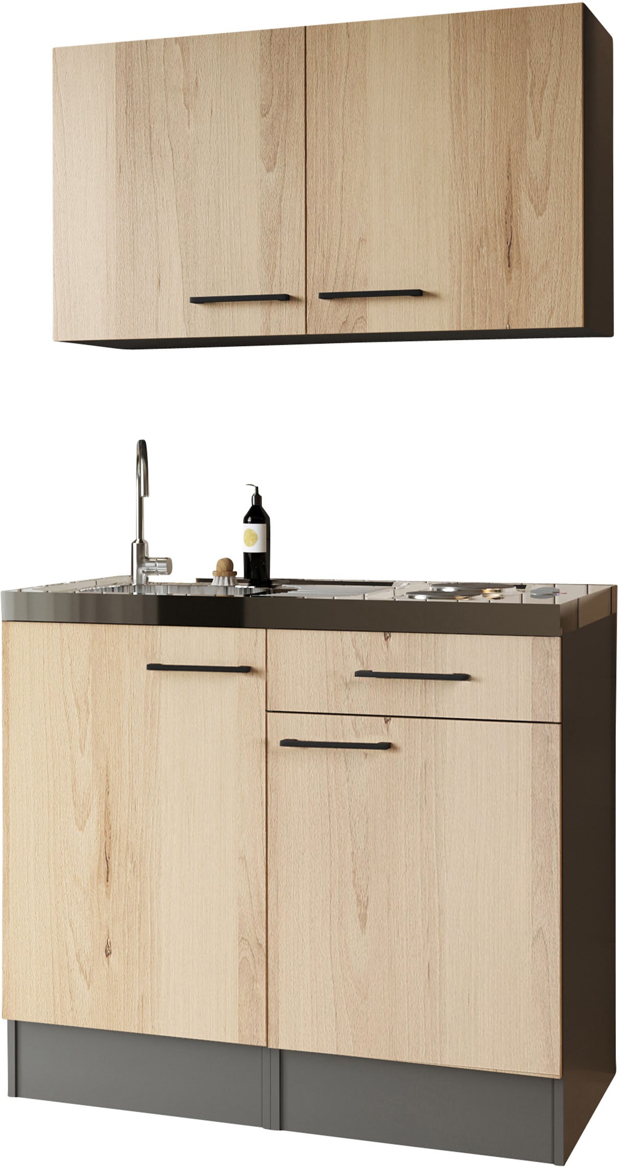 Pantryküche RESPEKTA, B:100cm H:200cm T:60cmküche: braun, front: artisan eiche nachbildung, korpus: grau matt, arbeitsplatte: granit optik,
