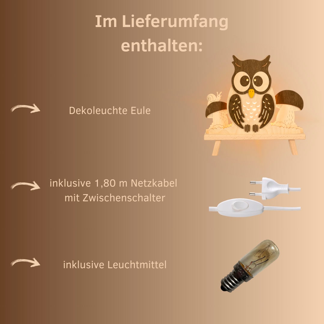 Weigla Dekolicht »Eule, Dekolampe aus Holz, NATUR-BRAUN«, 1 flammig, Leuchtmittel E14 | Leuchtmittel wechselbar, Erzgebirge garantiert, Herbstdeko innen, Tischlampe