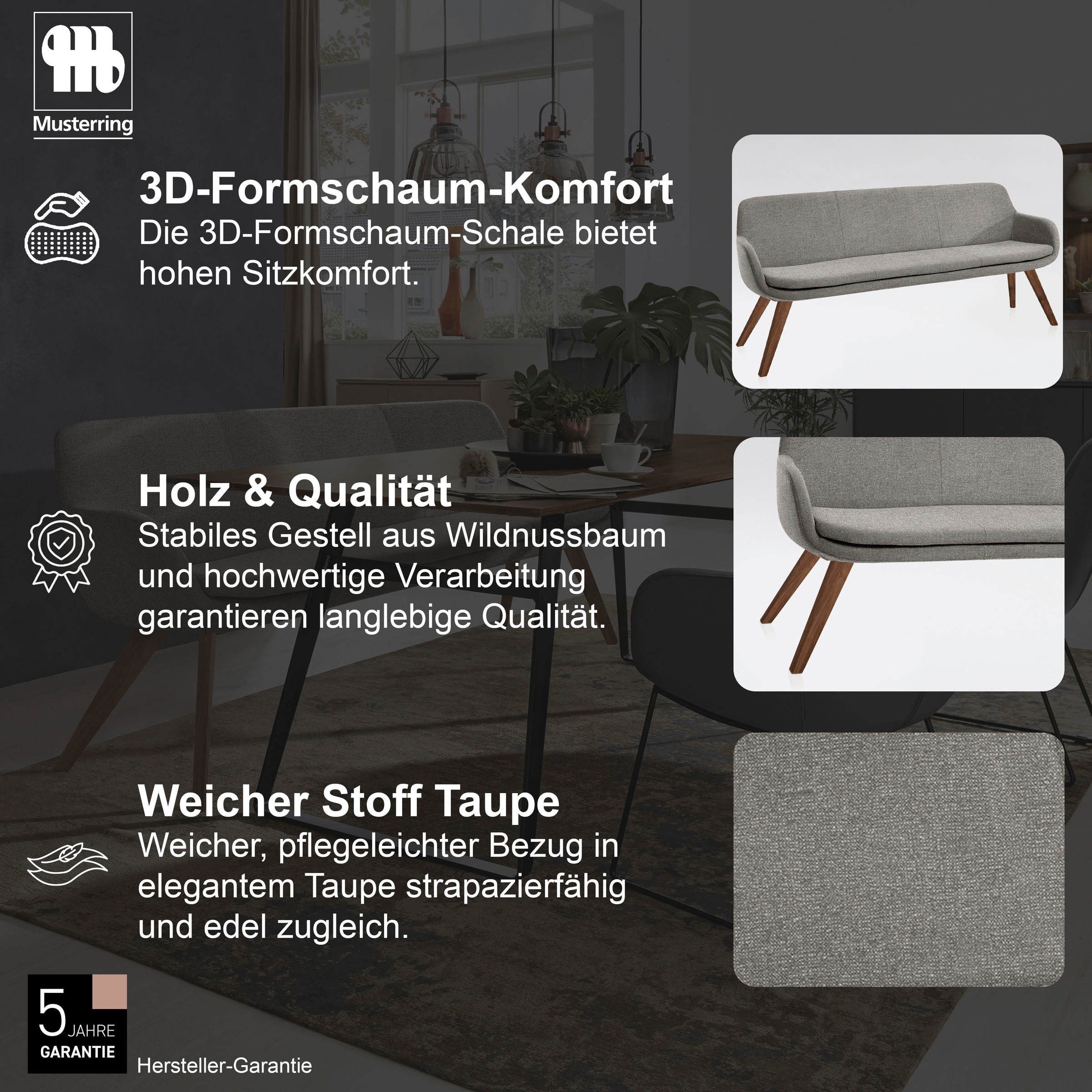 Thumbnail - Musterring Essbank "Tavia" Stativgestell Wildnussbaum massiv geölt, Breite 180, 200 oder 220 cm