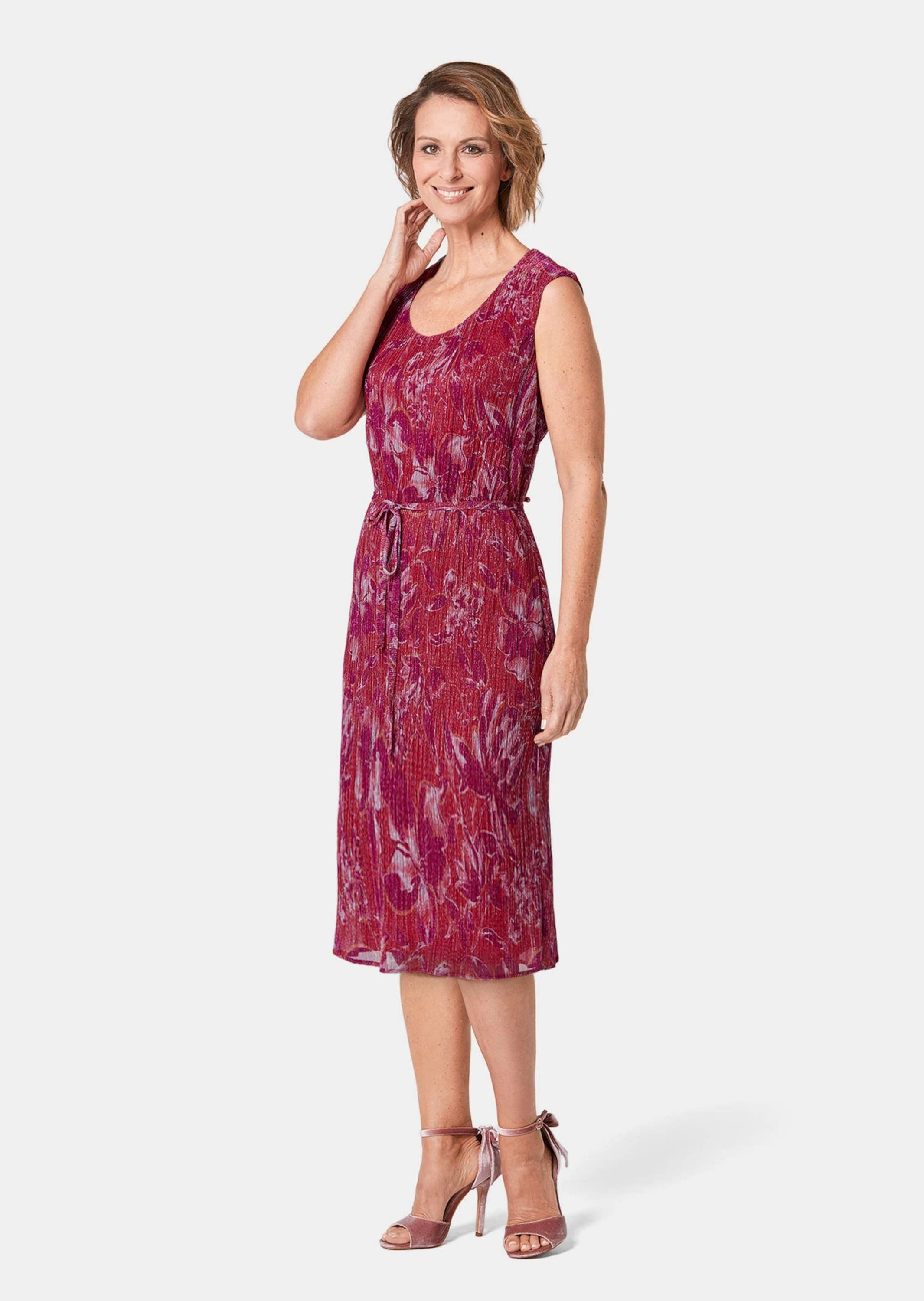 Abendkleid GOLDNER "Figur umspielendes Kleid mit feinen Glanzgarnen", Damen, Gr. 44, N-Gr, bunt (pink, mandarine, geblümt), Obermaterial: 55% Polyester PES. 45% metallisierte Fasern MTF., Sonstiges, Kleider Abendkleid, mit Glanzgarnen und Bindeband 3