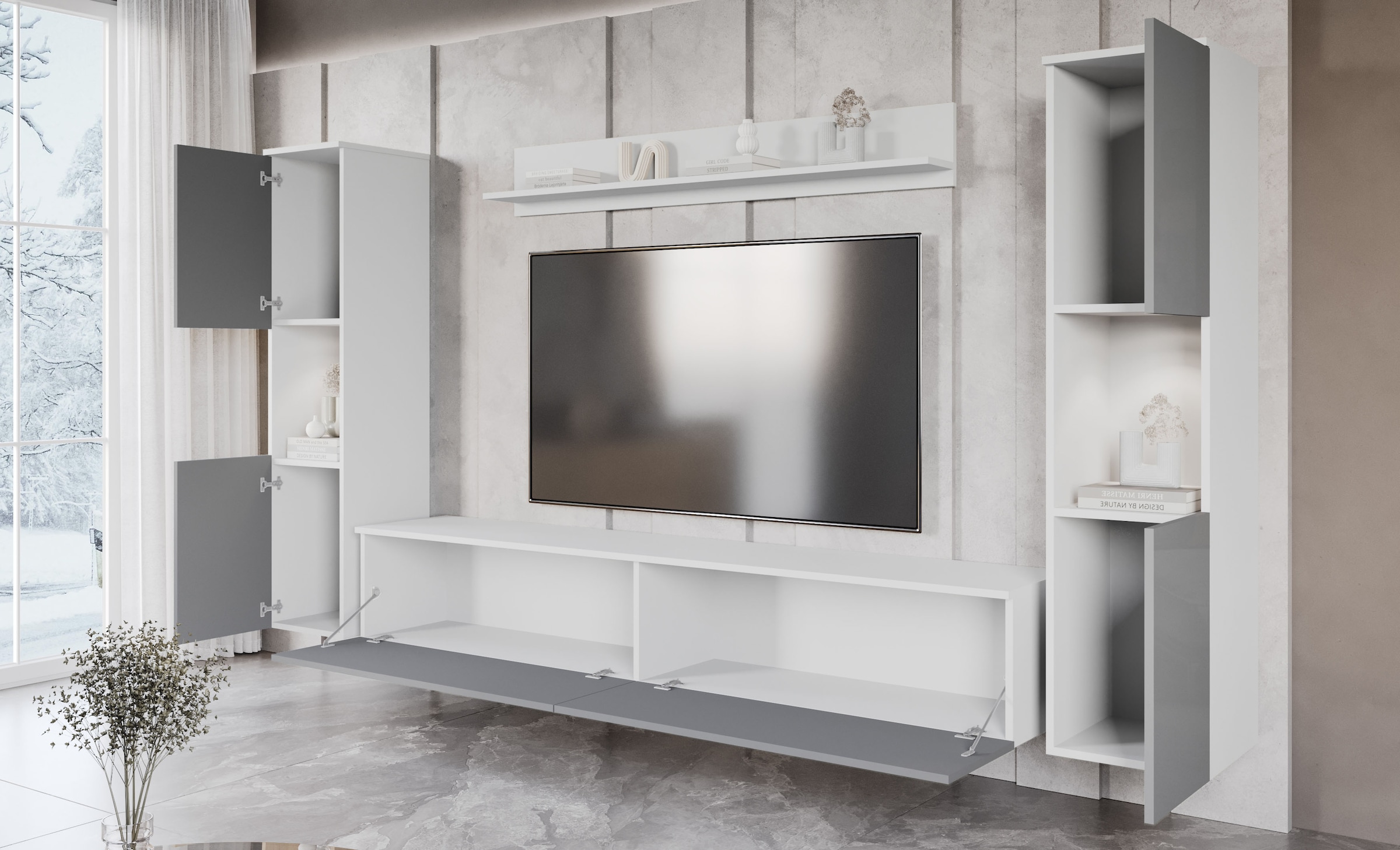INOSIGN Wohnwand »PARIS, Vitrine Türanschlag links/rechts wechselbar«, (Komplett-Set, 4 St.), grifflose Design, stehend und hängend montierbar