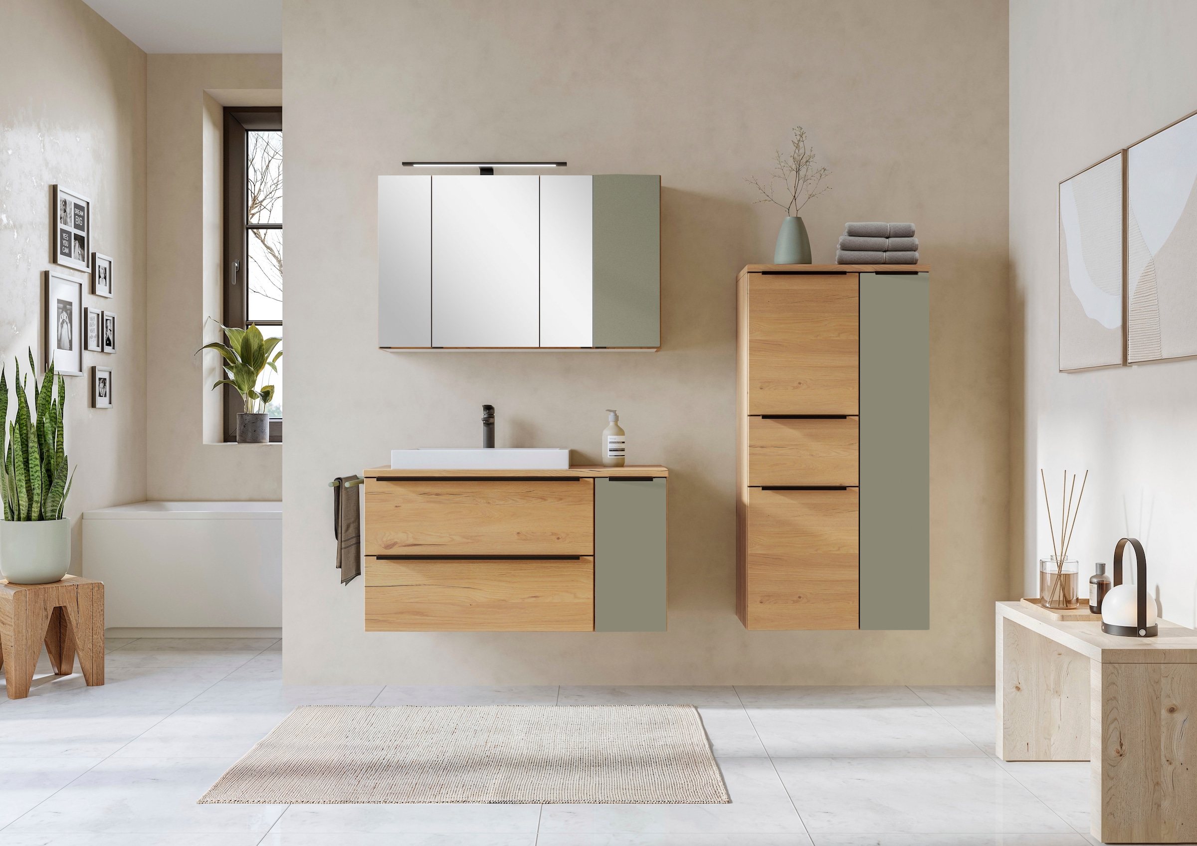 welltime Spiegelschrank »MAILAND, gedämpfte Scharniere, LED-Aufbauleuchte« Maße (B/H/T): ca. 105/64/20 cm,  Wildeiche, LED-Aufbauleuchte, gedämpfte Scharniere