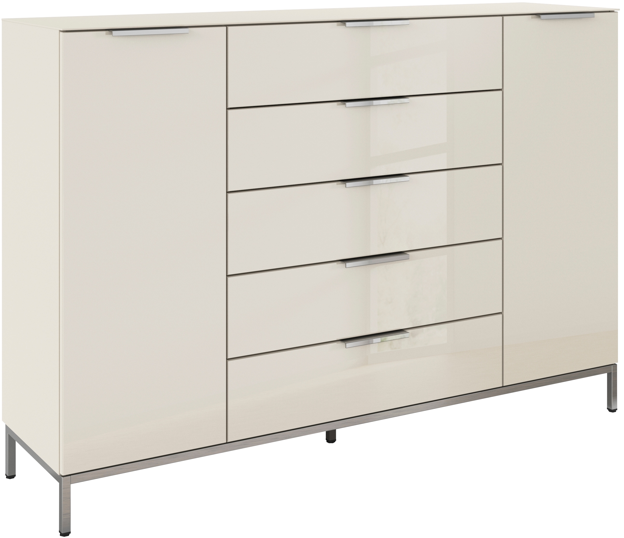 rauch 1100000002199 "Kommode Türkommode Sideboard Kombikommode FLIPP mit Glasfront" Breite 160/180 cm mit 4 Einlegeböden, 2-türig, 5 Schubladen, Soft-Close, Oberboden und Front Glas, 2 Breiten