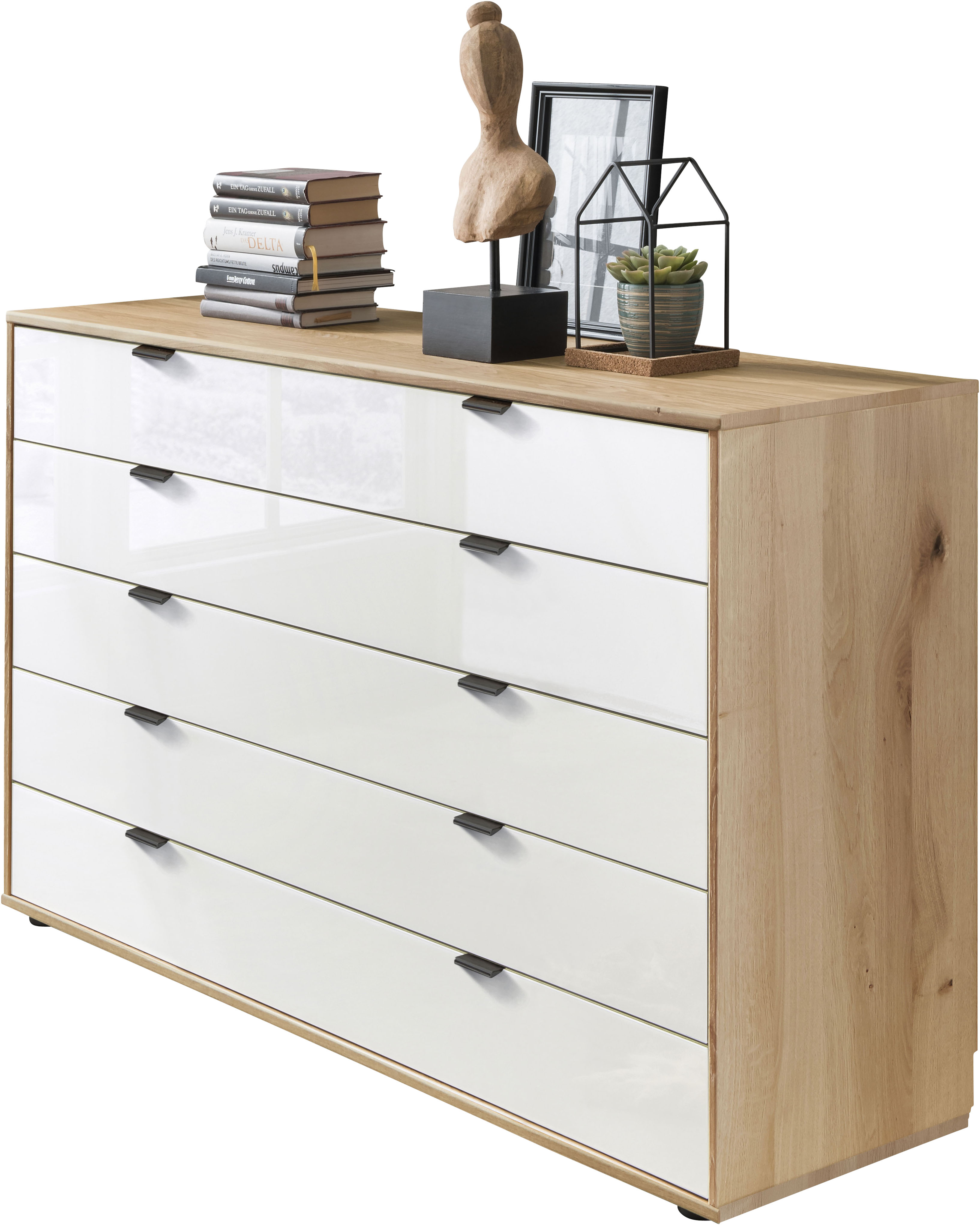 WIEMANN Schubkastenkommode "Cardiff Sideboard, Wäscheschrank, teilmassiv Bianco-Eiche, Schubladen" Glas- oder Massivholzfront, verschiedene Breiten, MADE IN GERMANY, Schubkästen inklusive Selbsteinzug und Dämpfung
