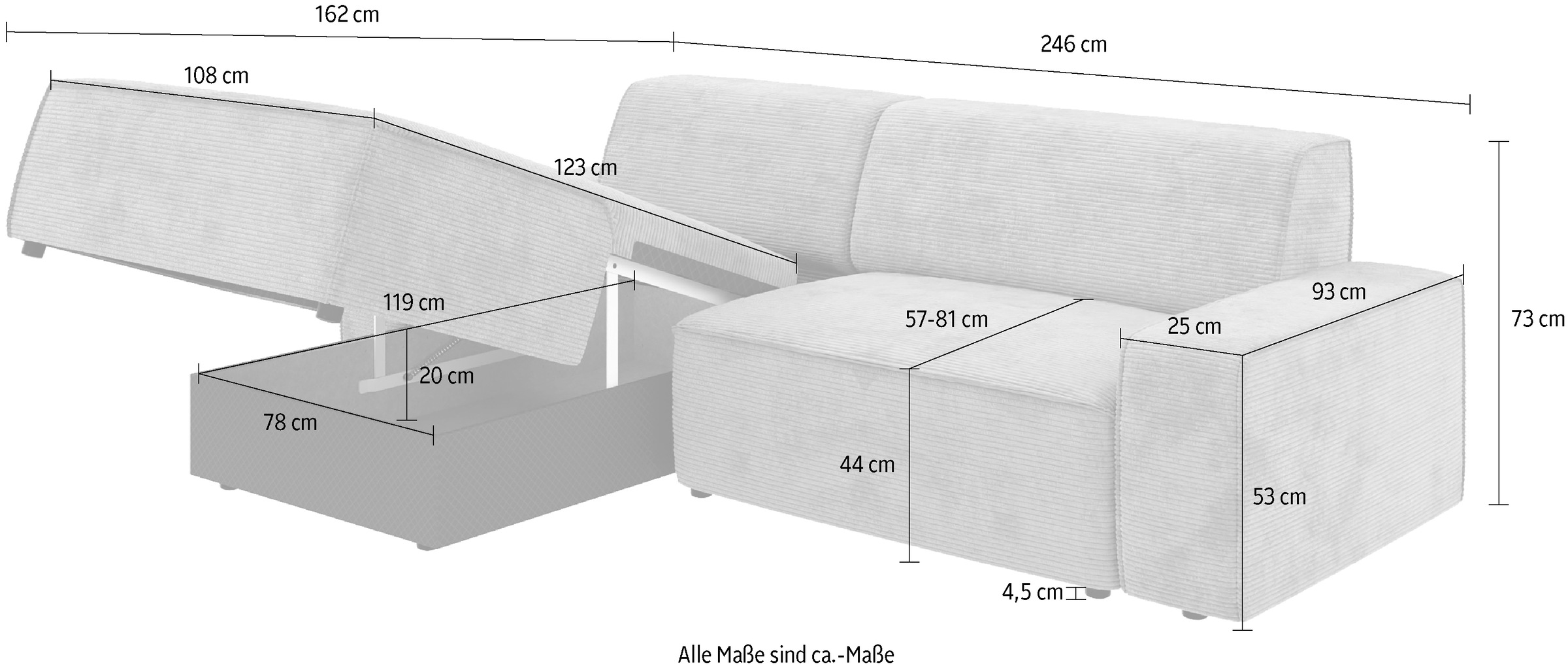 TRENDMANUFAKTUR Ecksofa »Graz, wahlweise mit Sitzvorschub und Bettkasten, L-Form, Breite 246 cm«, in Cord-, haustierfreundlichem LEO Struktur- oder LUMOS-3D-Bezug