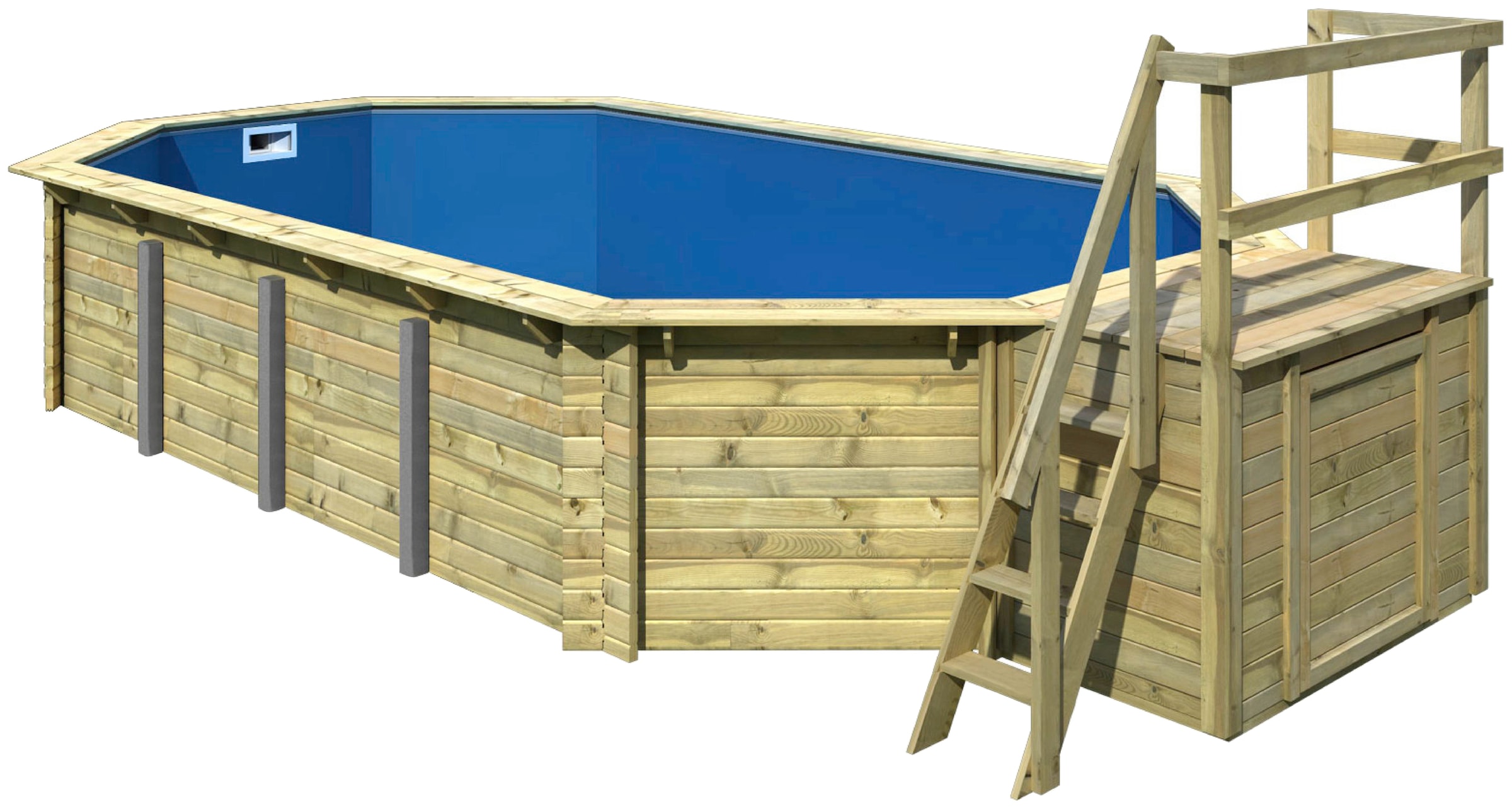 Karibu Achteckpool »SEVILLA Set B BxLxH: 780x400x124 cm, mit Sonnendeck«, (Set, 8 tlg.), 38 mm starke kesseldruckimprägnierte Holzbohlen aus Fichtenholz