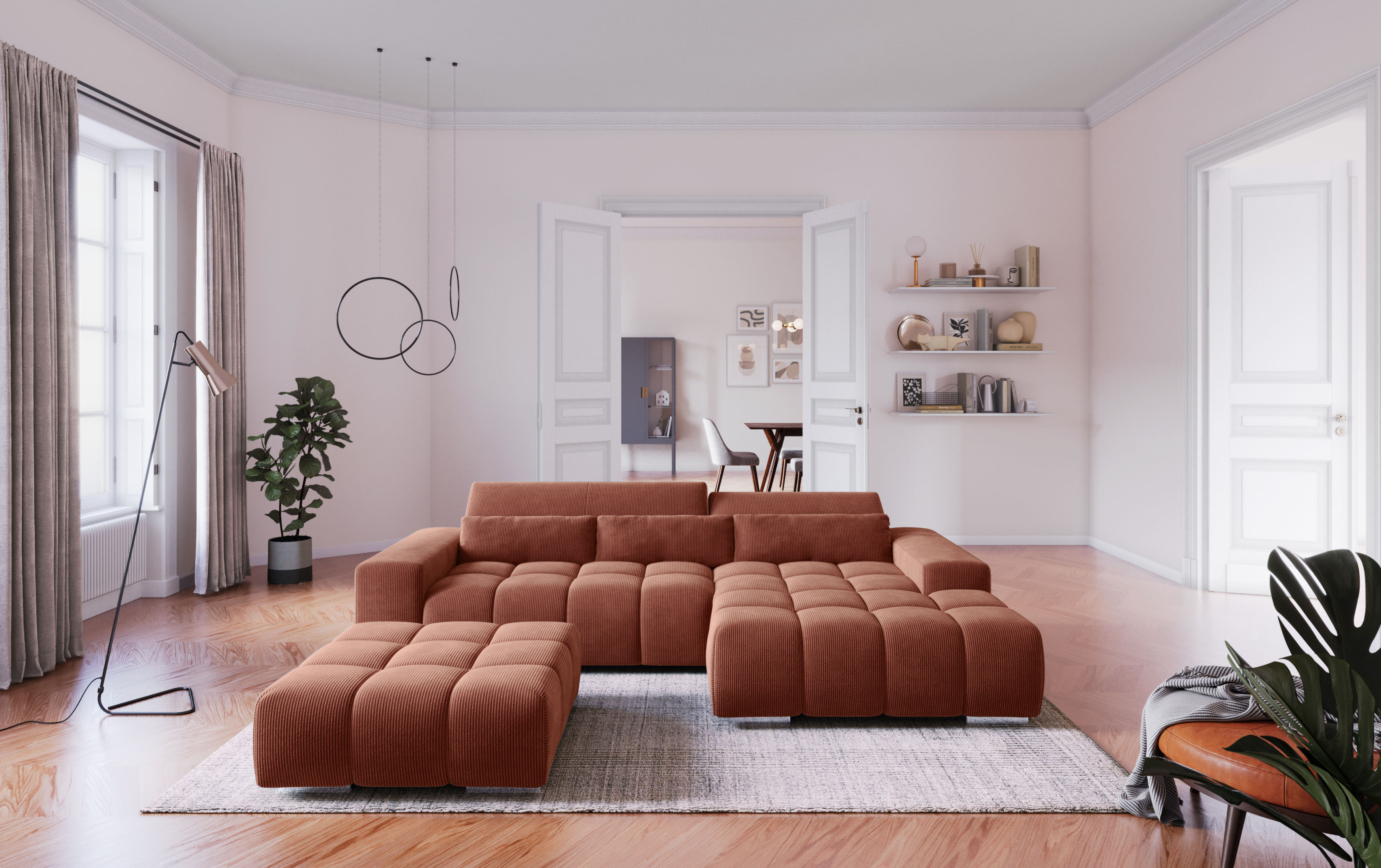 COTTA Ecksofa "Orion L-Form, B: 307 cm, moderne Steppung, bequeme Wellenunterfederung" 2x Kopfteilverstellung & 3 Nierenkissen