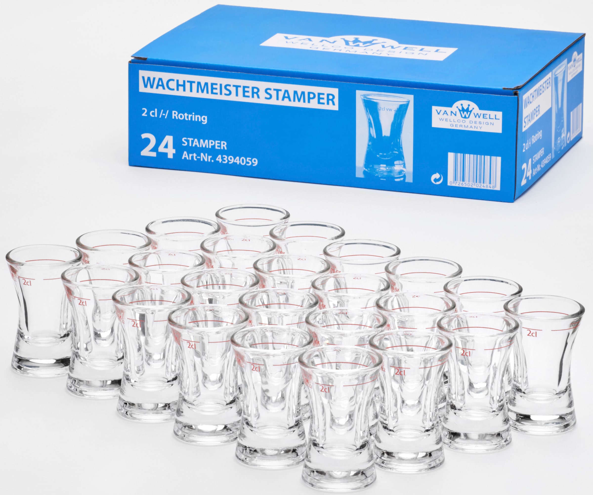 van Well Schnapsglas »Wachtmeister Rotring«, (Set, 24 tlg., 24 Schnapsgläser Wachtmeister 2cl), 0,2 L, geeicht, Spülmaschinengeeignet, Gastronomiequalität, 24-tlg.