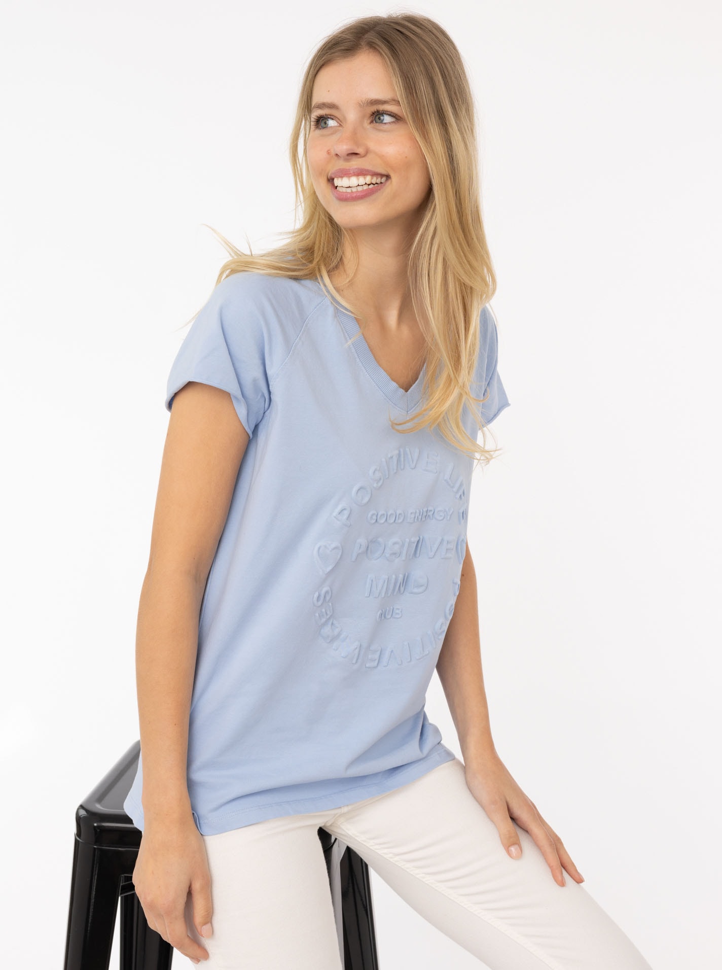 Zwillingsherz Kurzarmshirt ""Positive Mind"", V-Ausschnitt, Kurzarm, hinten günstig online kaufen