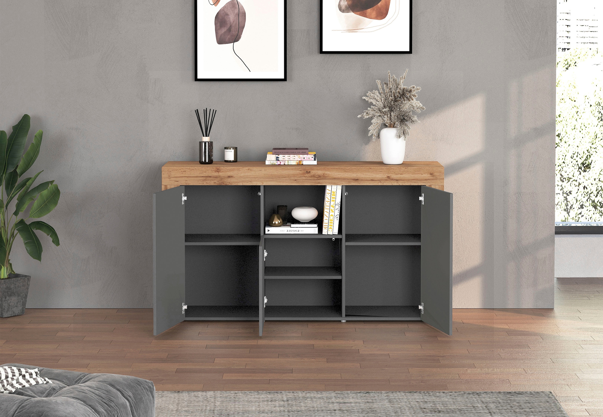 OTTO home Sideboard »CHRONOS Breite 155 cm mit 3 Türen, 1 offenes und 6 geschlossene Fächer« 1 Stk. tlg. Sideboard,Kommode, Schrank, Grifflos mit Push to Open, Made in Italy
