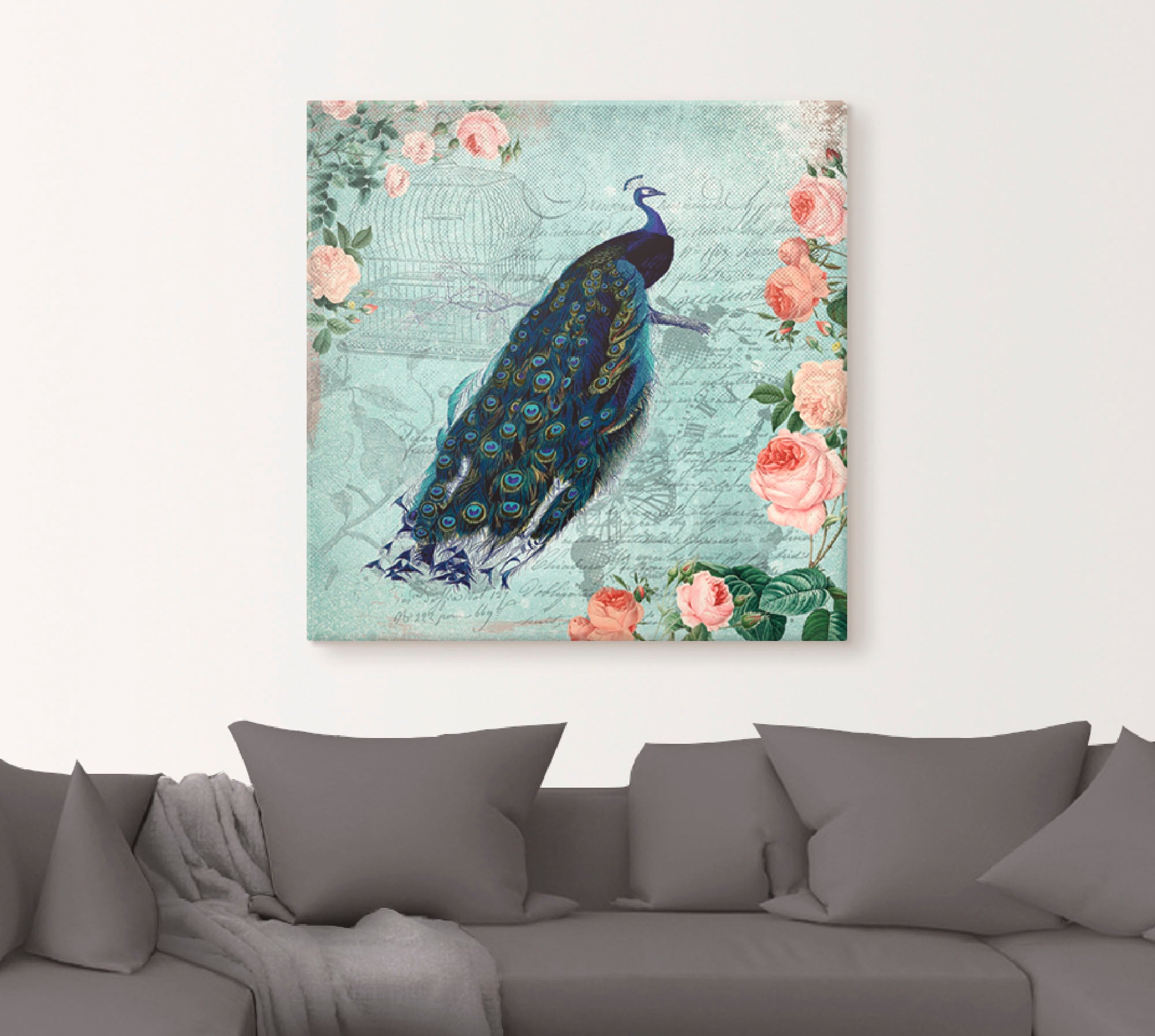 Artland Leinwandbild »Vintage Rosen und Pfau Illustration«, Vögel, (1 St.), auf Keilrahmen gespannt