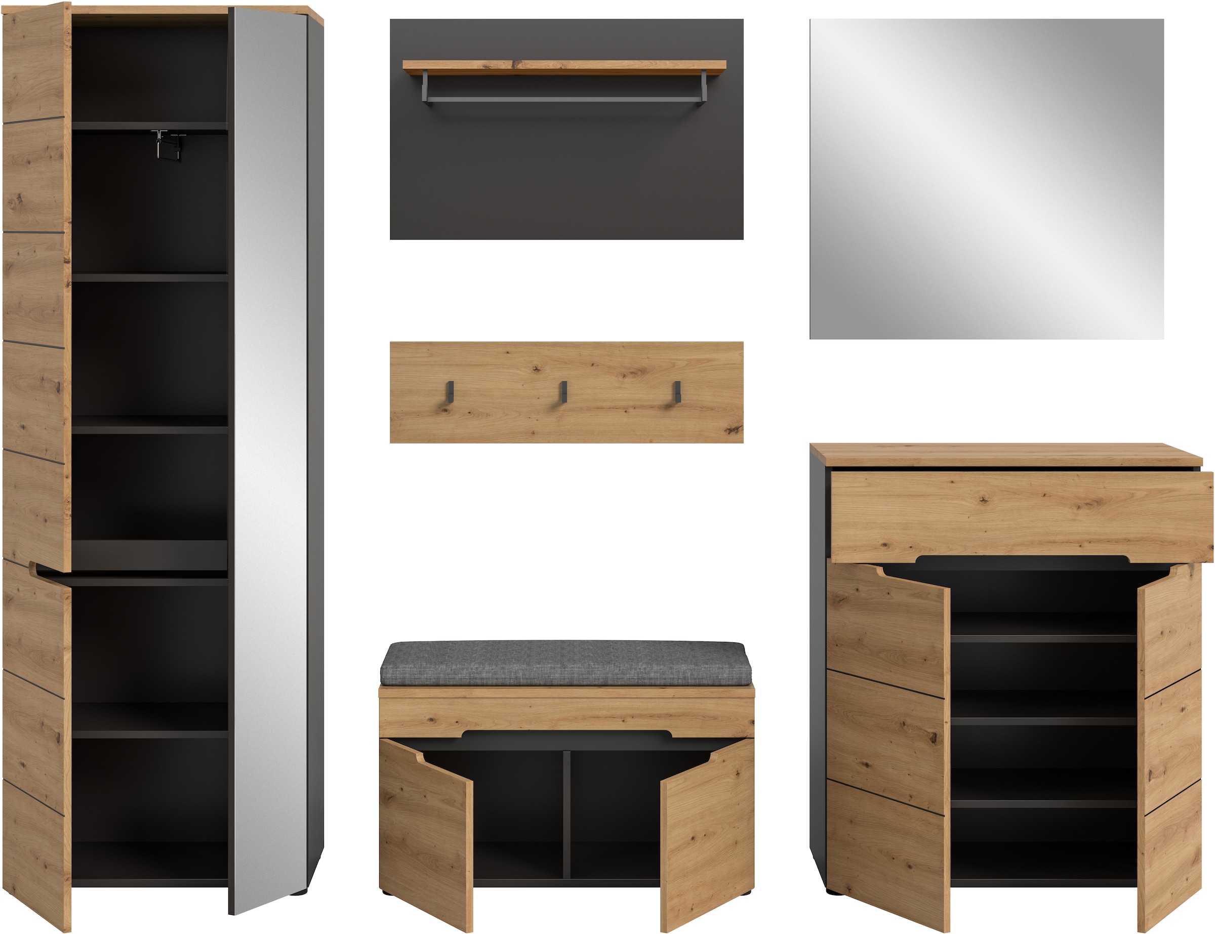 INOSIGN Garderoben-Set, (Set, 6 St., Schrank, Sitzbank, Sitzkissen, Paneel, Hakenleiste, Spiegel, Kommode), Garderobenkombination, Kombination, Set, Flurgarderobe, Diele