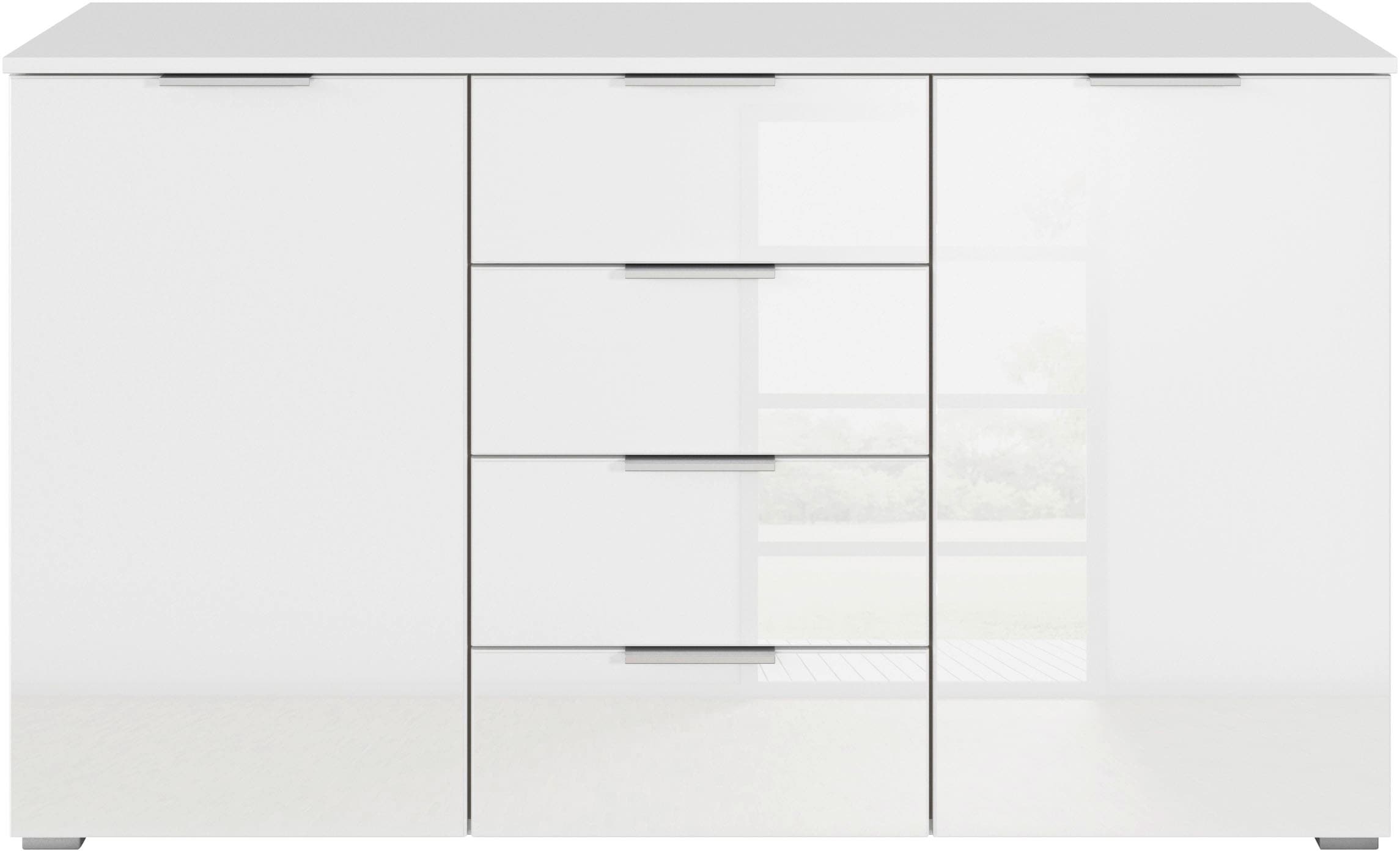 rauch Kombikommode »Sideboard Kombikommode Schubladenkommode AGORDO mit Glasfront«, (in zwei Griff-Farben, Breite 120 cm inkl. Soft-Close-Funktion), vier große Schubladen, mit insgesamt 4 Einlegeböden MADE IN GERMANY