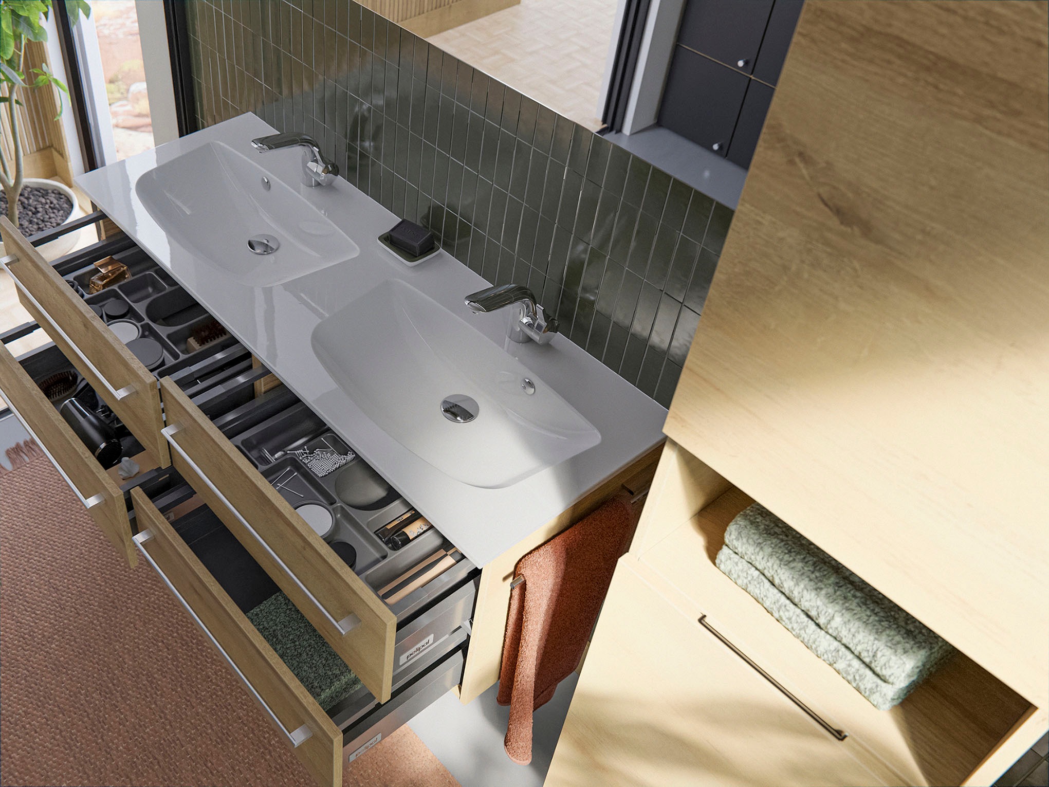 Saphir Waschtisch »Serie 6025 Mineralmarmor-Waschtisch mit Unterschrank, 132 cm breit«, Doppel-Waschplatz mit 4 Schubladen, hängend, verschiedene Ausführungen