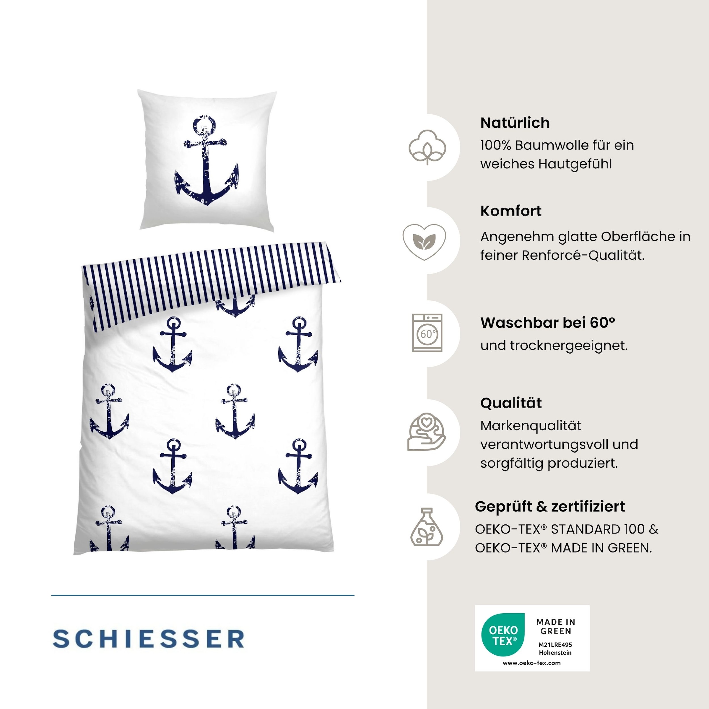 Schiesser Bettwäsche »Marina, maritime Momente in frischer Farbkombination« 2 Stk. OEKO-TEX® MADE IN GREEN