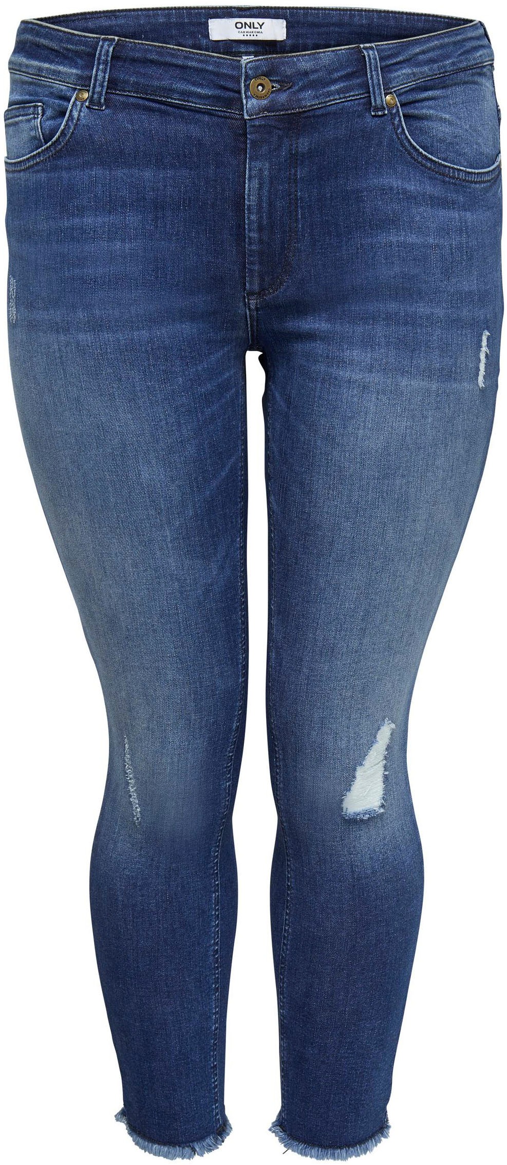 Skinny-fit-Jeans ONLY CARMAKOMA "CARWILLY REG SKINNY ANK JEANS", Damen, Gr. 46, Länge 32, blau (blau, used), Jeans, Obermaterial: 94% Baumwolle, 4% Polyester, 2% Elasthan, Destroyed-Effekte, knöchelfrei, Jeans, mit Fransensaum 3