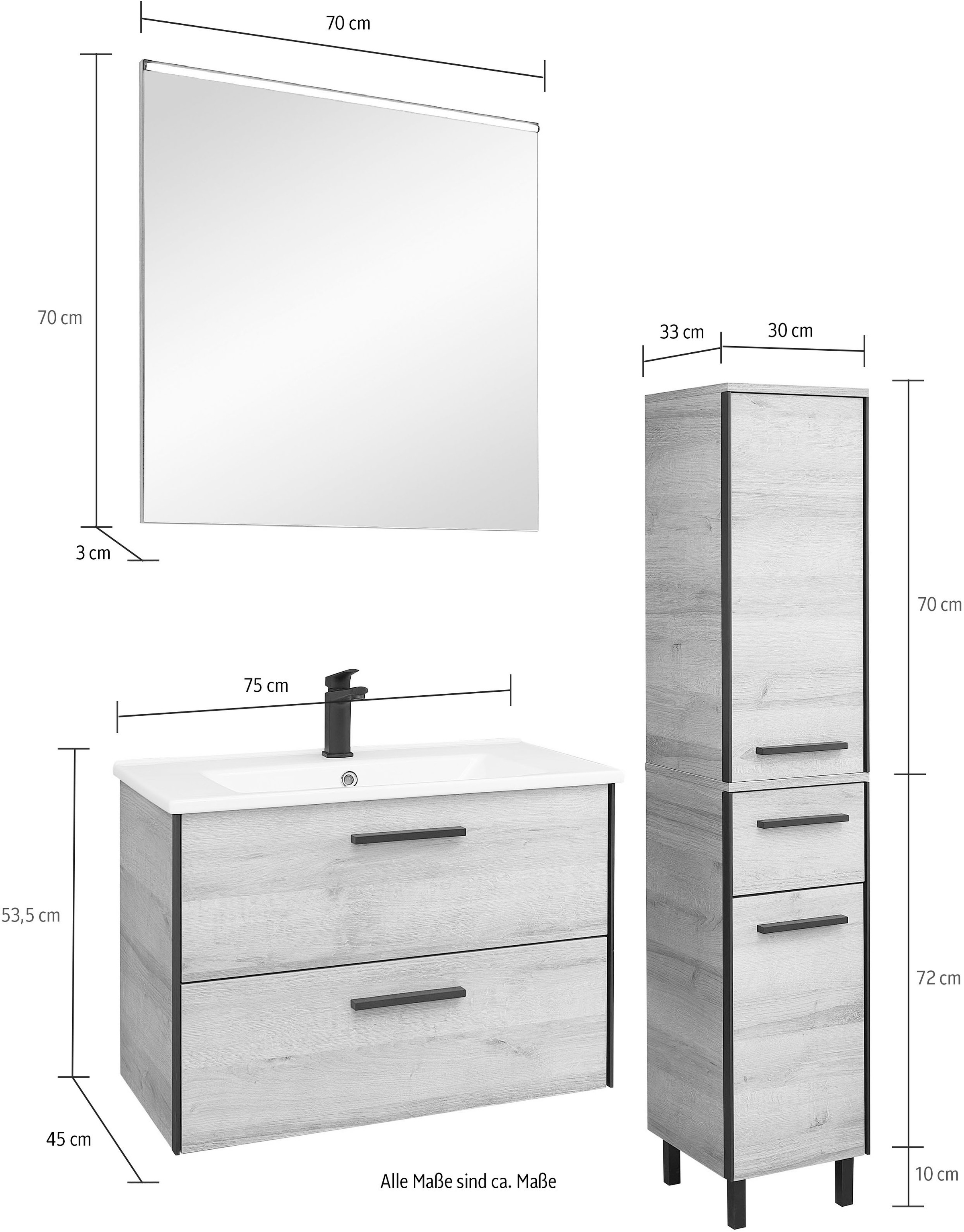 Saphir Badmöbel-Set »Quickset 395 3-teilig, Keramikwaschtisch mit LED-Spiegel«, (5 St.), Midischrank, inkl. Türdämpfer, 2 Türen, 3 Schubladen, Bad-Set