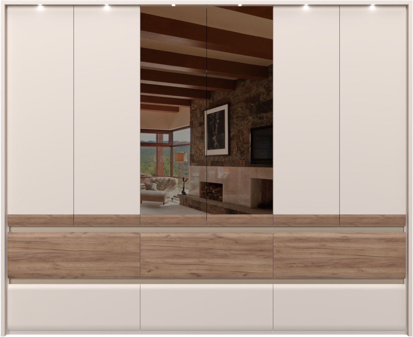 Places of Style Kleiderschrank »Invictus, UV lackiert, FSC-zertifiziert, grifflose Optik«, (abgerundete Schubladen aus MDF im Holzdekor, soft-close), mit Beleuchtung und Spiegel, in 4 Breiten, hoher Schrank (226cm)