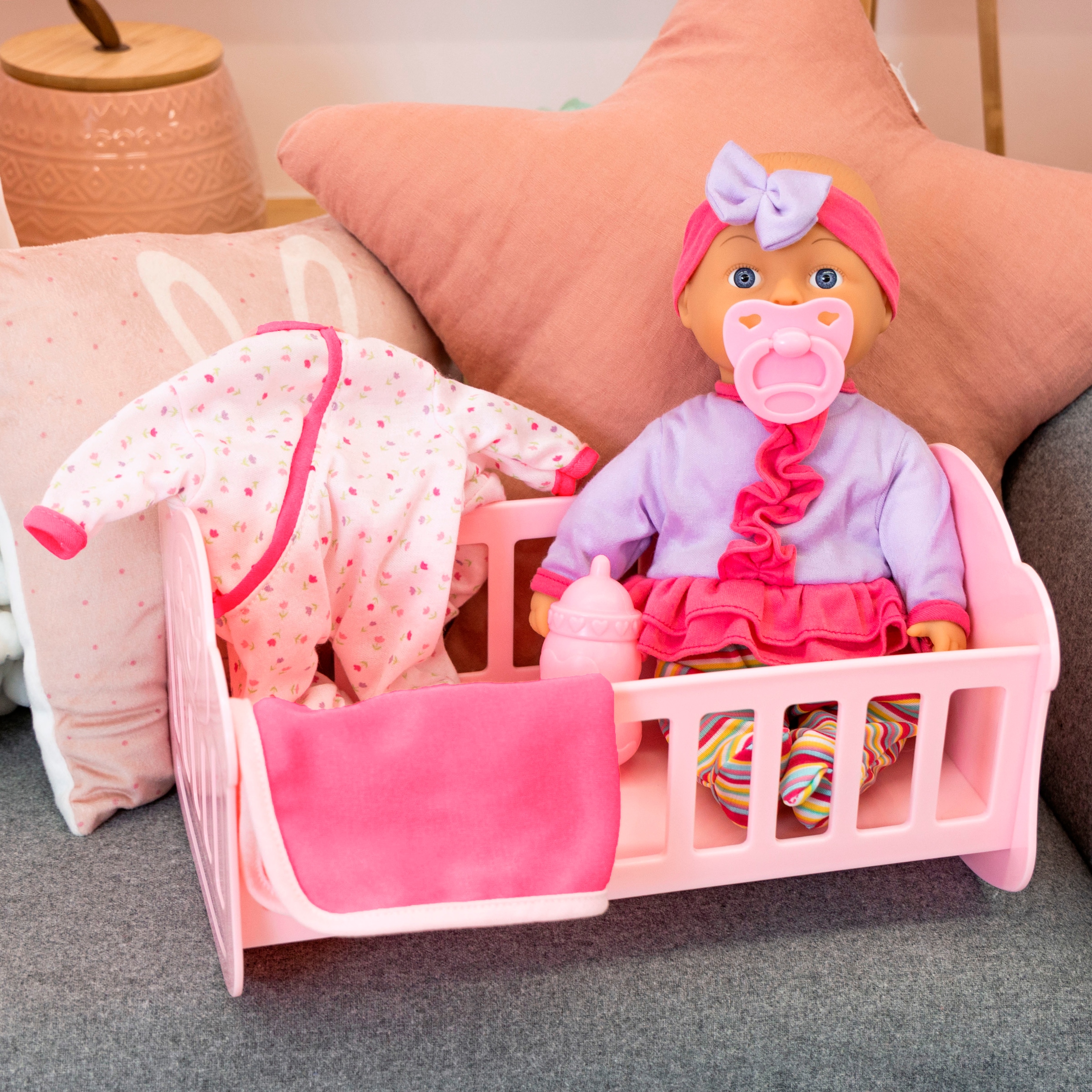 Bayer Babypuppe »Anna Cozy«, (Set, 10 tlg.), mit Wiege und Zubehör