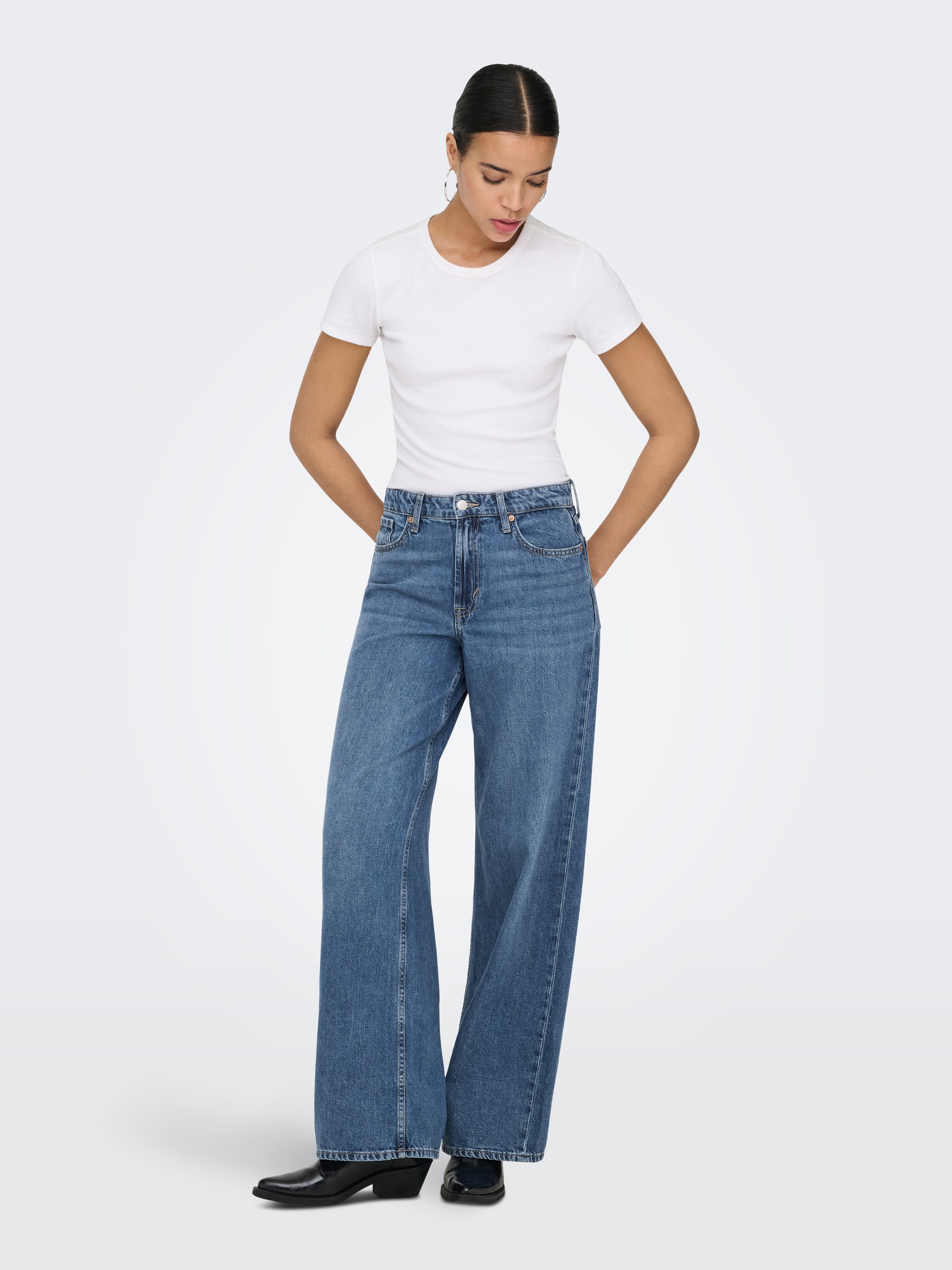 High-waist-Jeans ONLY "ONLSILKY SOFT HW WIDE DNM PIM233 NOOS", Damen, Gr. L, Länge 32, medium blau denim, Denim/Jeans, Obermaterial: 76% Baumwolle, 24% Lyocell, unifarben, lang, Jeans High-Waist-Jeans, mittlere Waschung, hohe Leibhöhe, weite Beinform 3