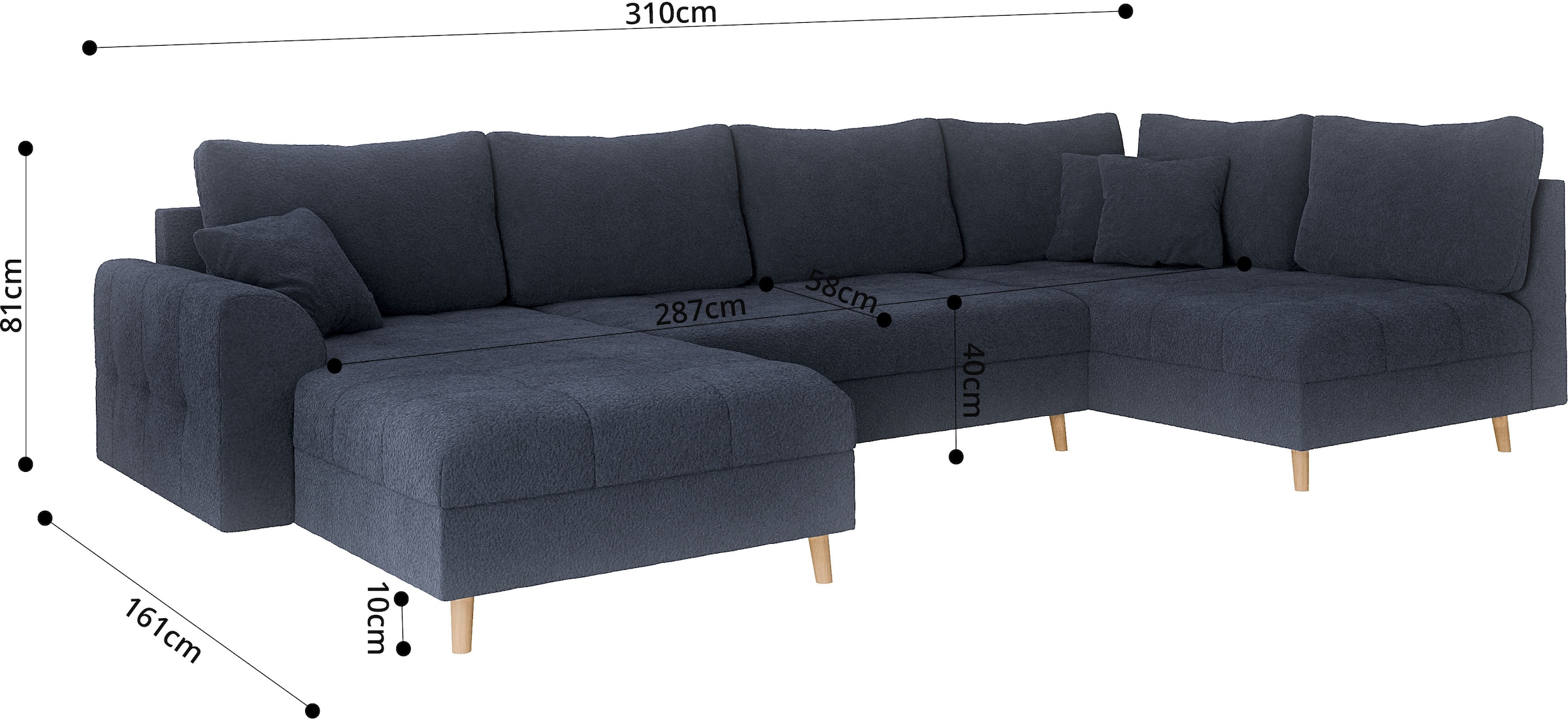 Home affaire Wohnlandschaft »CHARRE U-Form mit Ottomane, Maße B/T/H: 310/161/81 cm«, feine Steppung, lose Rücken- und Zierkissen, auch in Cord und Bouclé
