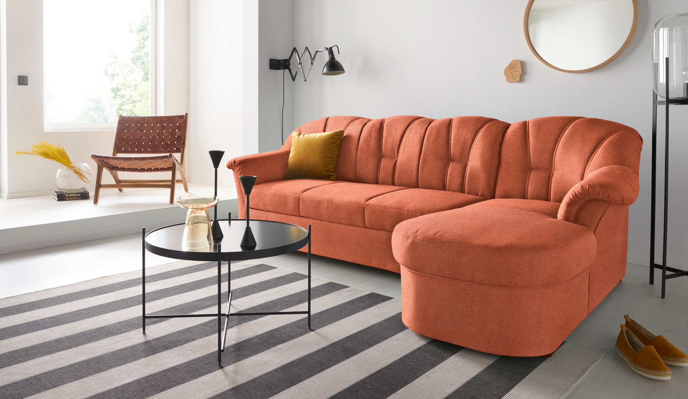 DOMO collection Ecksofa "Papenburg, zeitlose Rückensteppung, elegante Formensprache, L-Form" in großer Farbvielfalt, wahlweise mit Bettfunktion