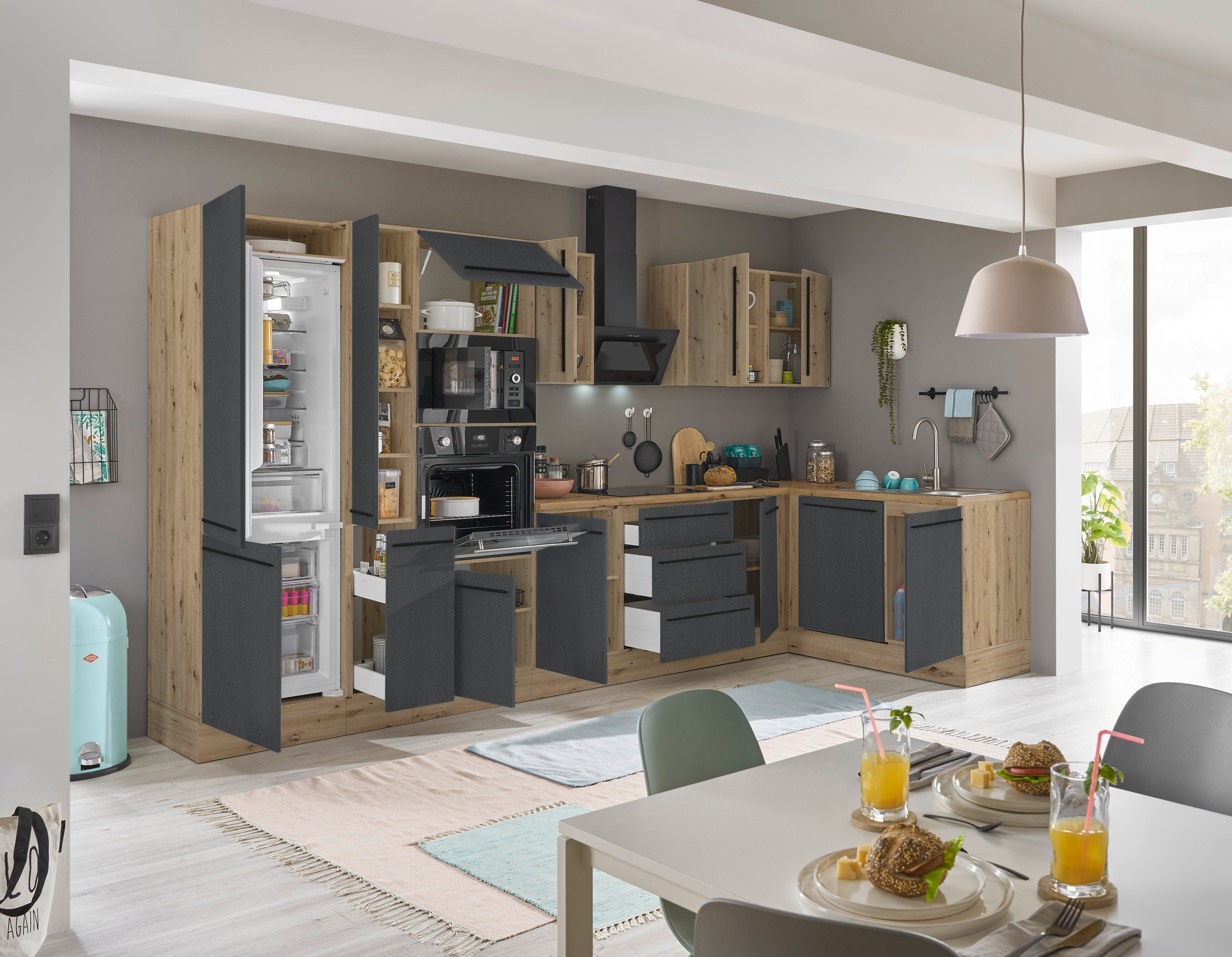 KOCHSTATION Winkelküche »Florida, Stellbreite 370x175 cm«, wahlweise mit E-Geräten, mit Softclose für Türen und Schubkästen