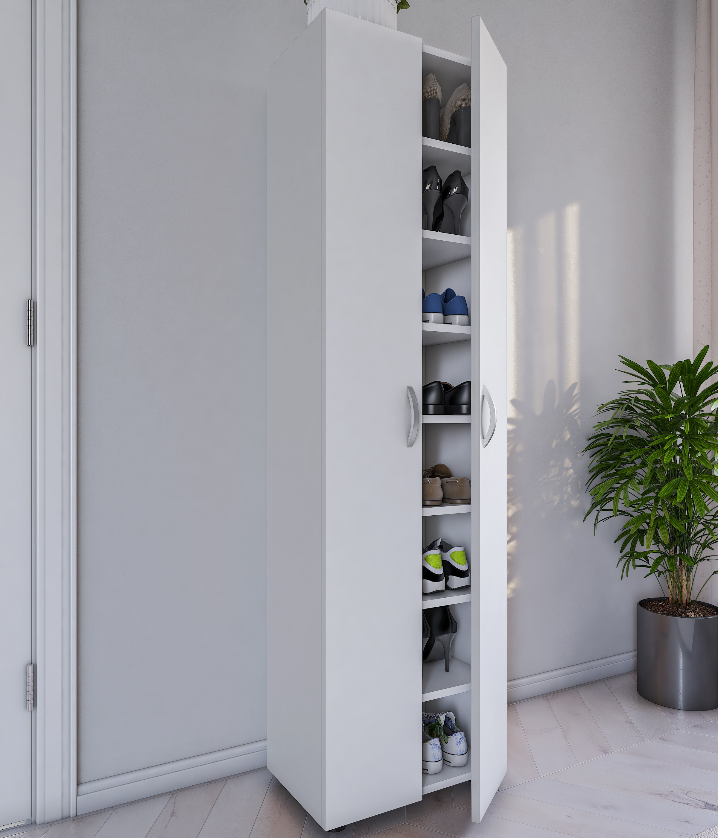 VCM Schuhschrank »VCM Holz Schuhschrank | Maße: H. 173 x B. 49 x T. 30 cm | Allzweckschrank | 8 Fächer | 2 Drehtüren ¿ Ulas«, (1 St.)